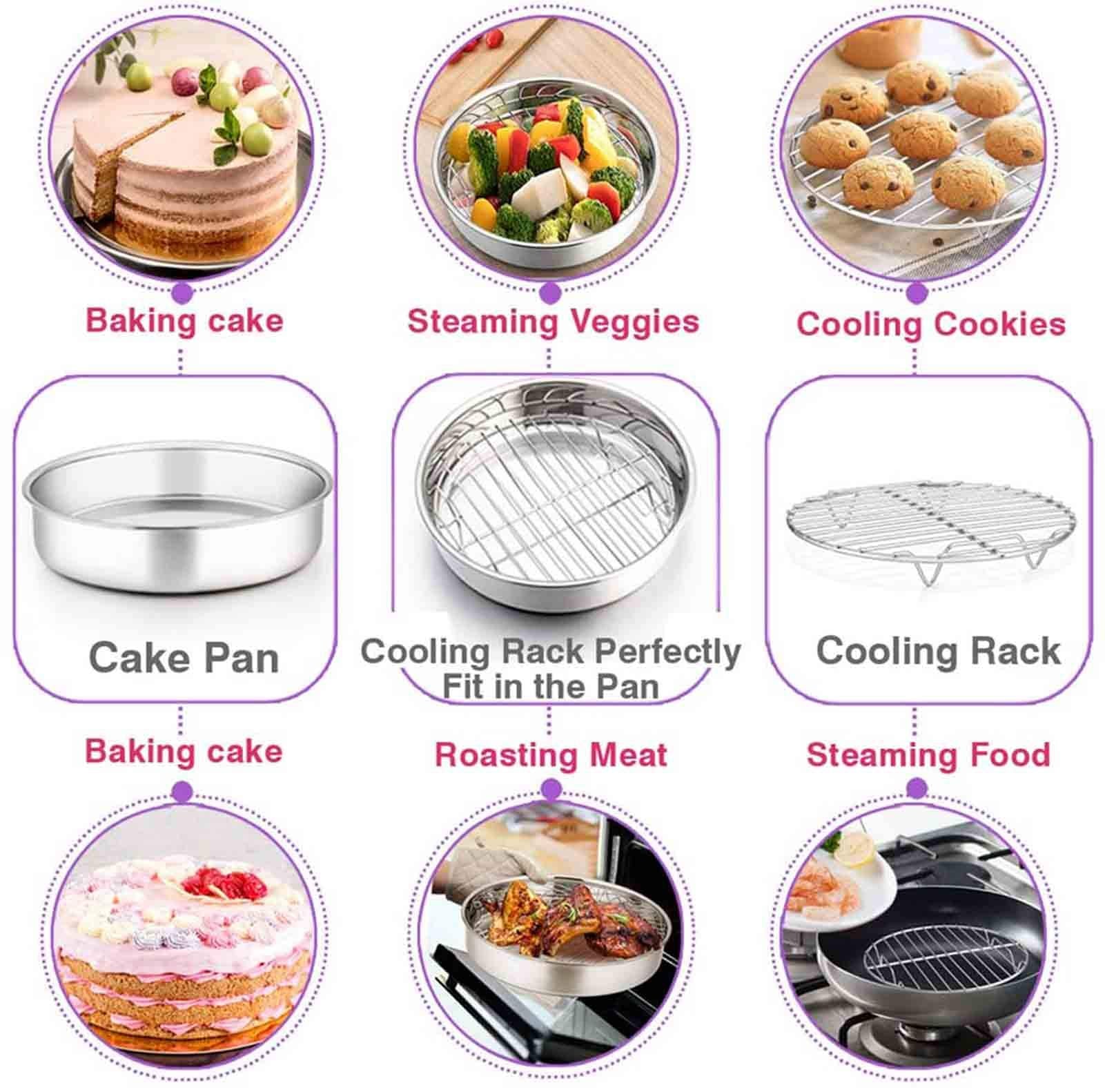 Teamfar 8 Inch Cake Pan And Rack Set Of 4, Stainless Steel Round Tier Cake Pans, For Baking Cooling Steaming, Fit In Oven, Pot,