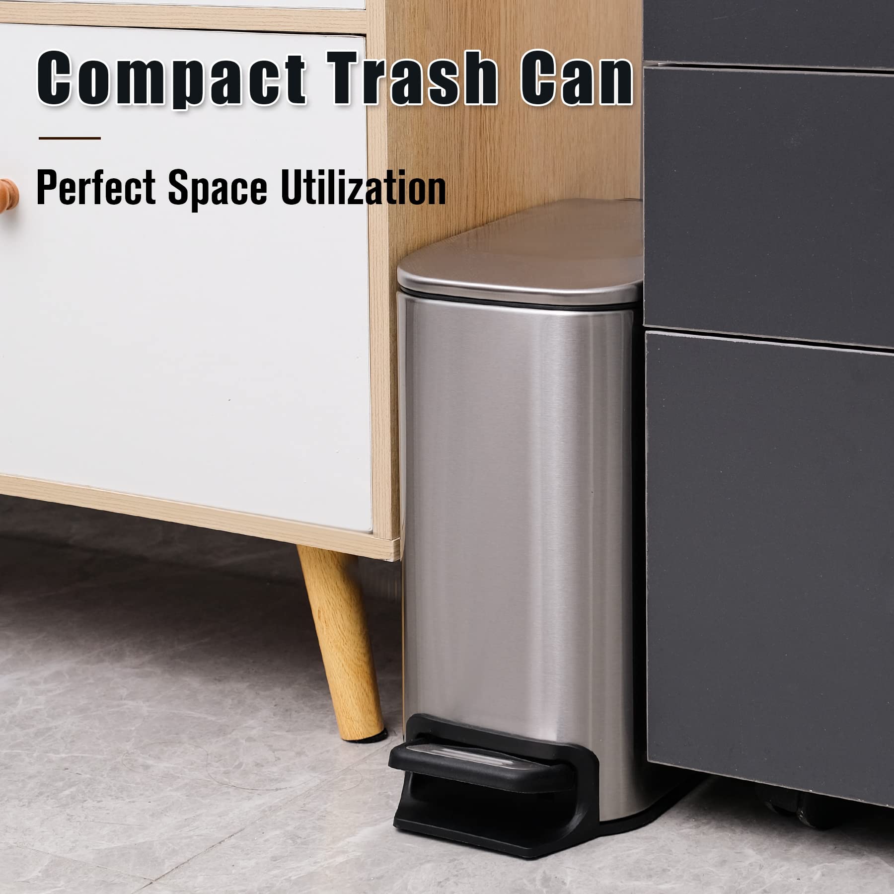 Cesun Small Bathroom Trash Can With Lid Soft Close, Step Pedal, 6 Liter / 1.6 Gallon Stainless Steel Garbage Can With Removable