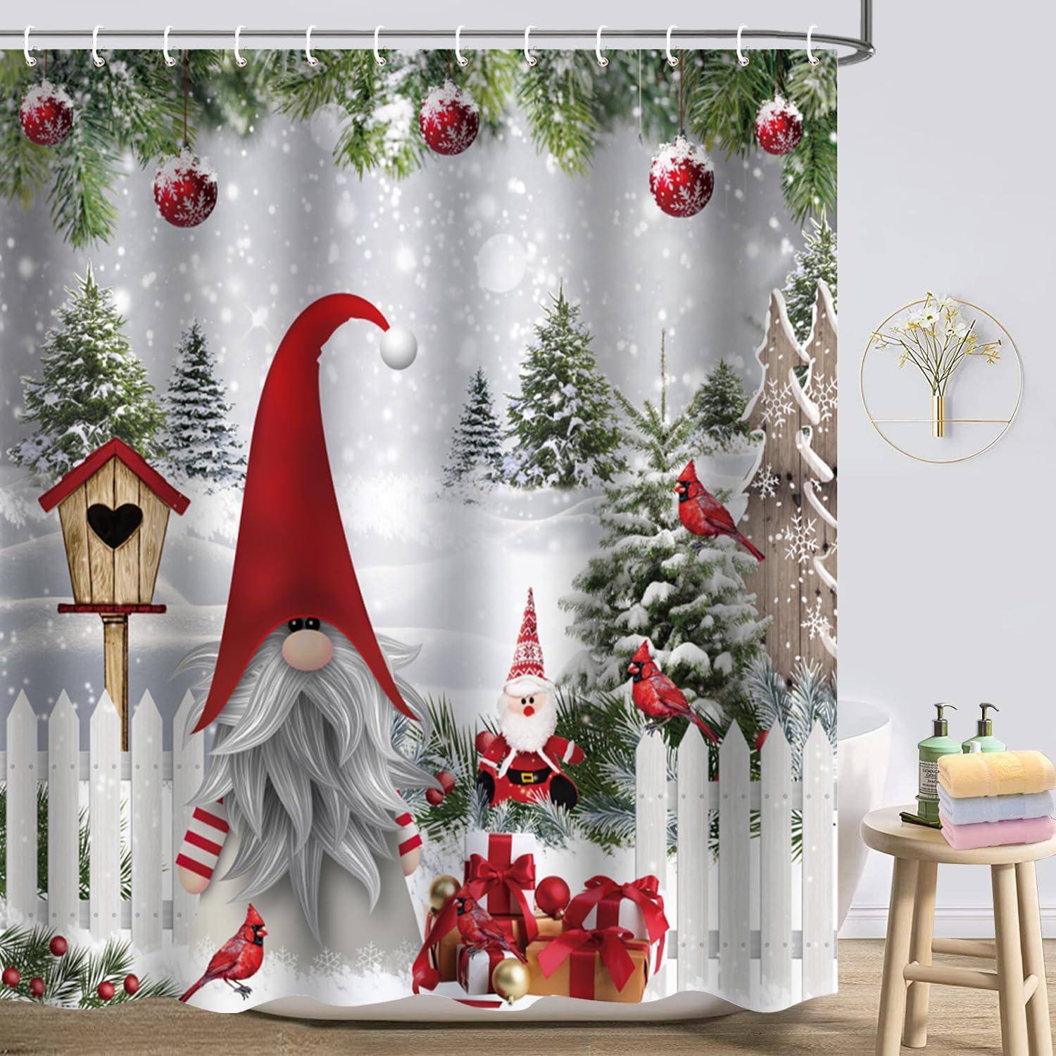 Atwqevon Christmas Shower Curtain, Gnome Shower Curtain Set, Winter Shower Curtains For Bathroom, Lovely Cute Sprite Bathroom Sh