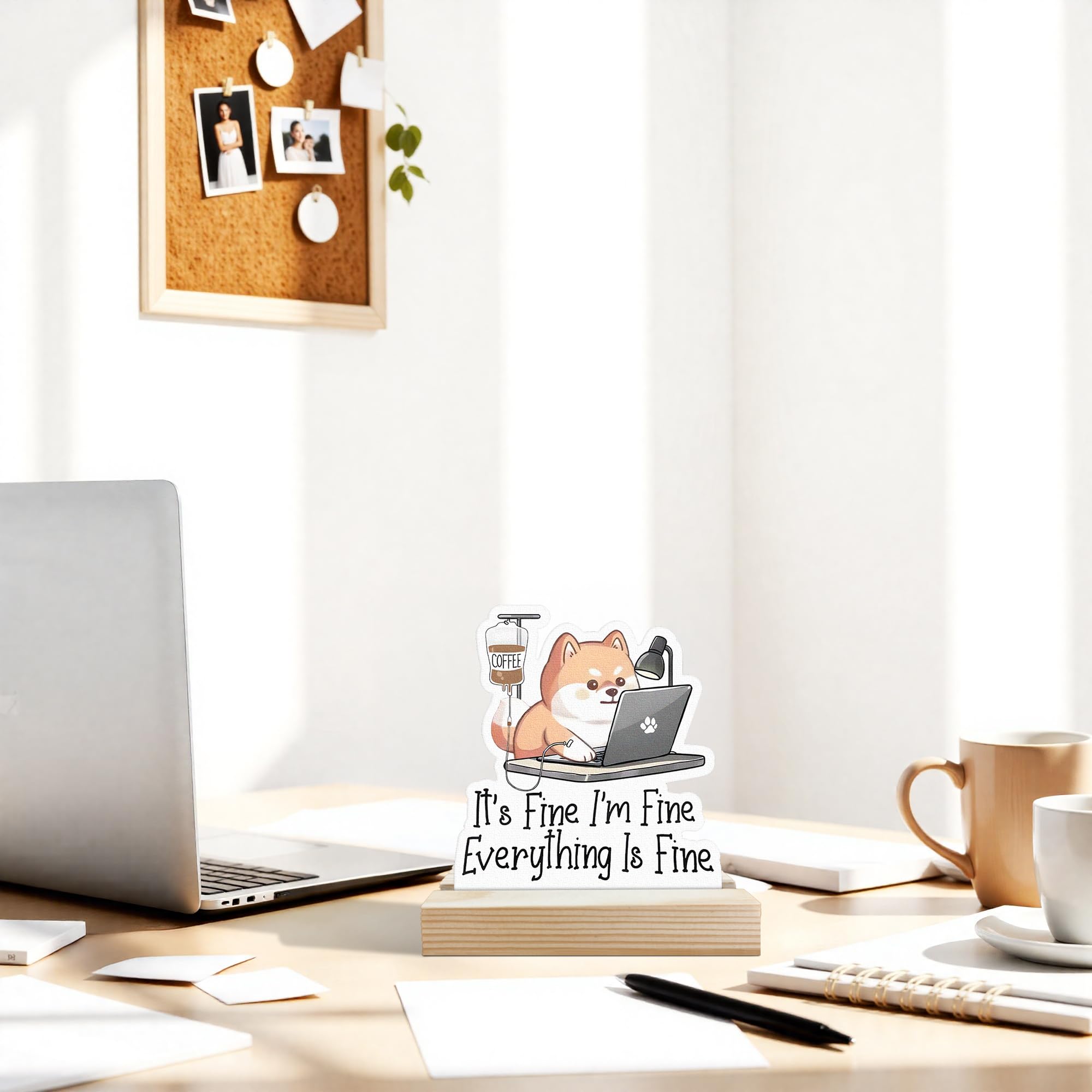 CTYNU Funny Dog Coffee Desk Decor Sign, Im Fine, Everything Is Fine Dog Shaped Wood Sign Plaque with Wooden Stand for Home Offic