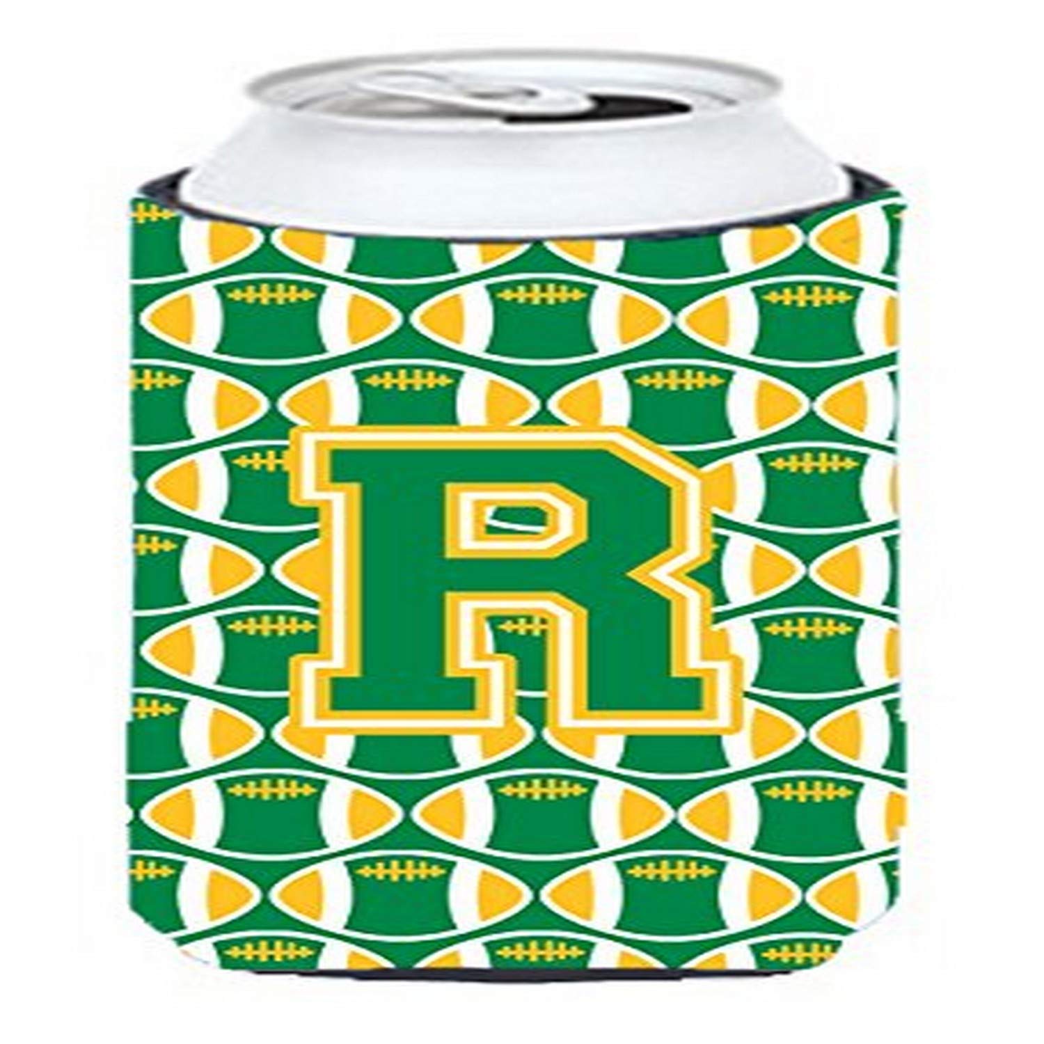 Letter R Football Green and Gold Tall Boy Beverage Insulator Hugger CJ1069-RTBC