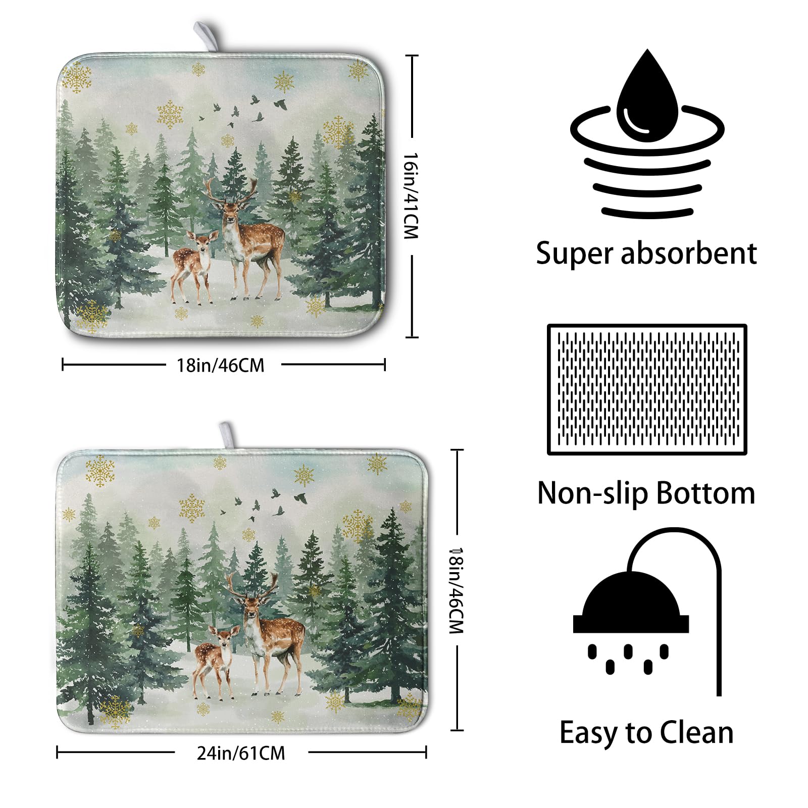 Kwlegh Reindeer Tree Snowflakes Christmas Dish Drying Mats for Kitchen Counter 18x24 Inch Winter Forest Dish Drainer Mats Absorb