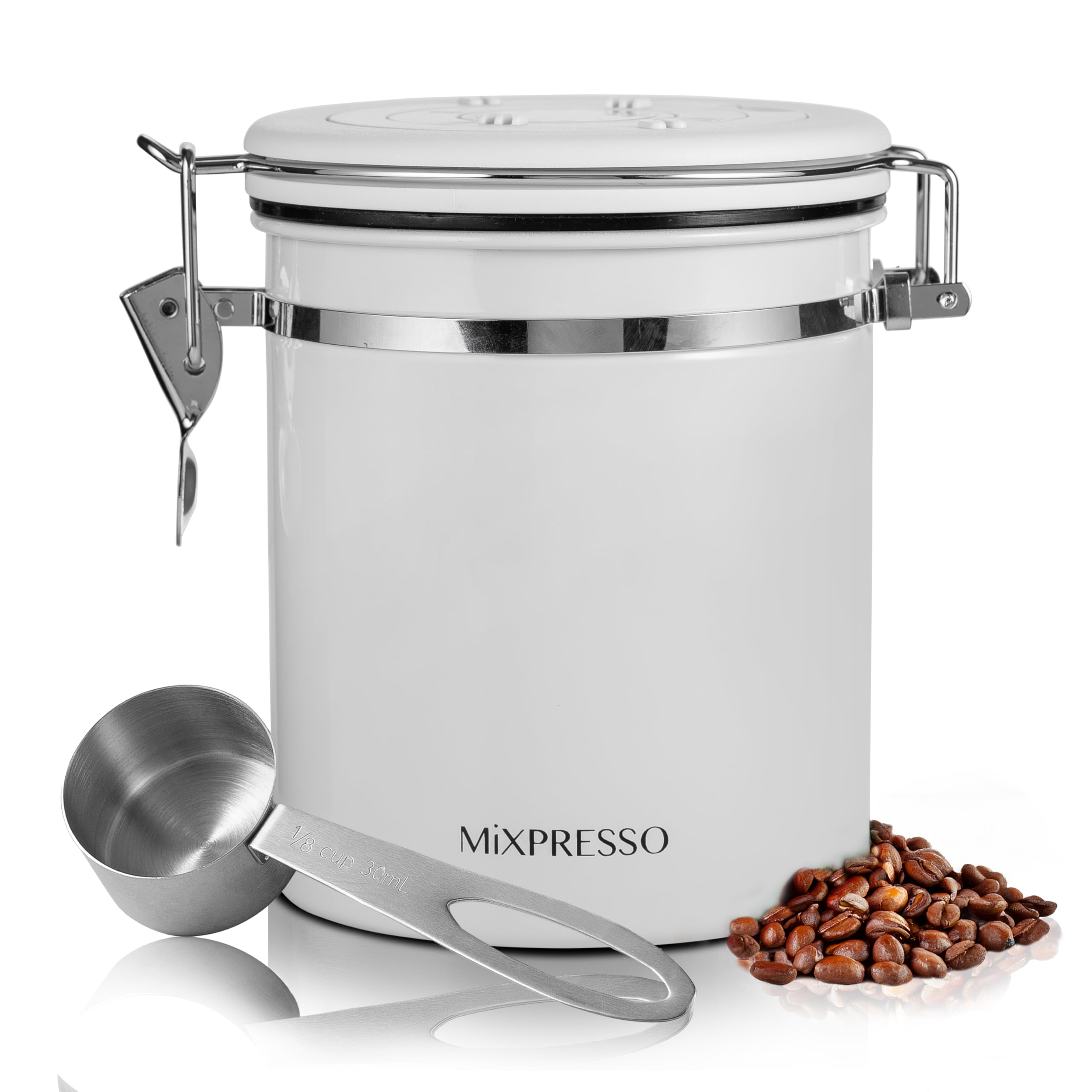 Mixpresso White 16 Oz Stainless Steel Coffee Canister with Scoop - Airtight Coffee Container with CO2 Valve for Bean Storage, Da