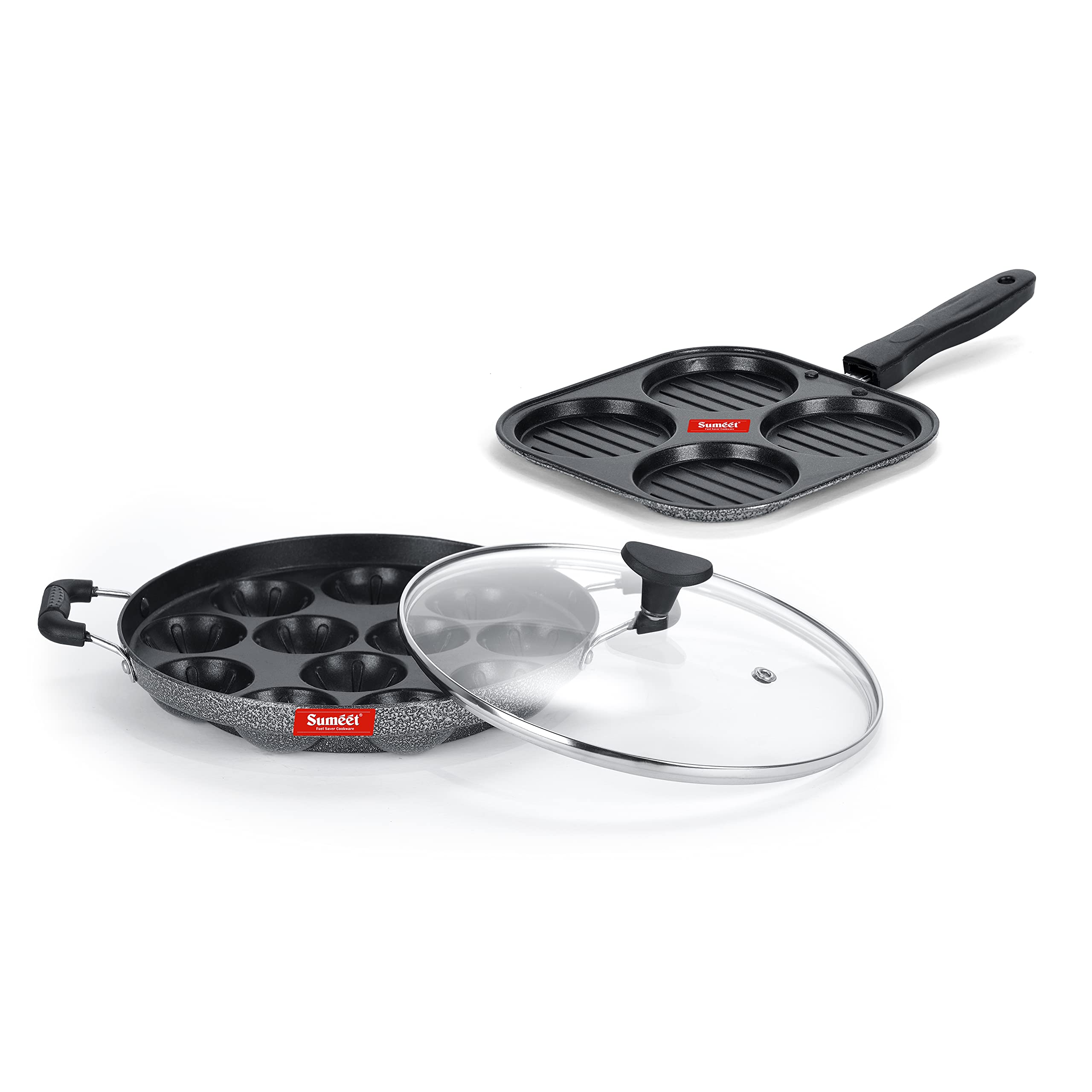 Sumeet Nonstick Twin Star Cookware Set (Grill Appam Patra With Glass Lid  12 Cavity  22Cm Dia + Mini Multi Snack Maker  4 Cav