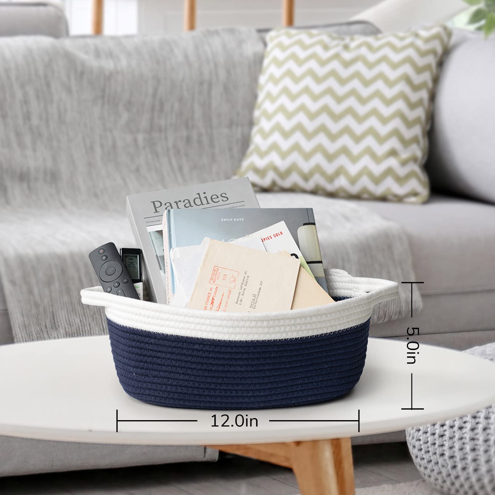 Goodpick Small Woven Basket Cute Navy Blue Rope Basket Cotton Basket Woven Storage Basket Cat Toy Basket Nursery Basket With Han