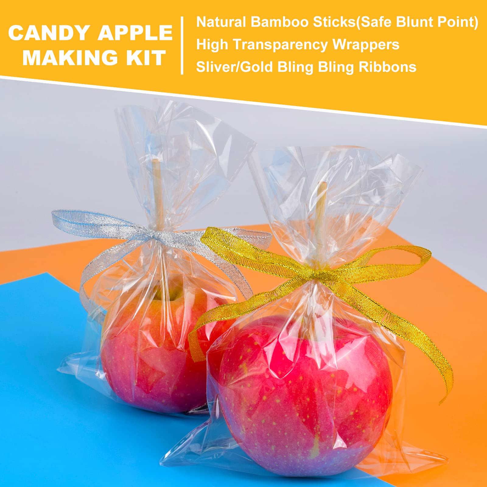 Goensjt Candy Apple Kit - 122 Pcs Set with 60 Bags & Bamboo Sticks, Gold & Silver Glitter Ribbon for Halloween & Birthday Parties