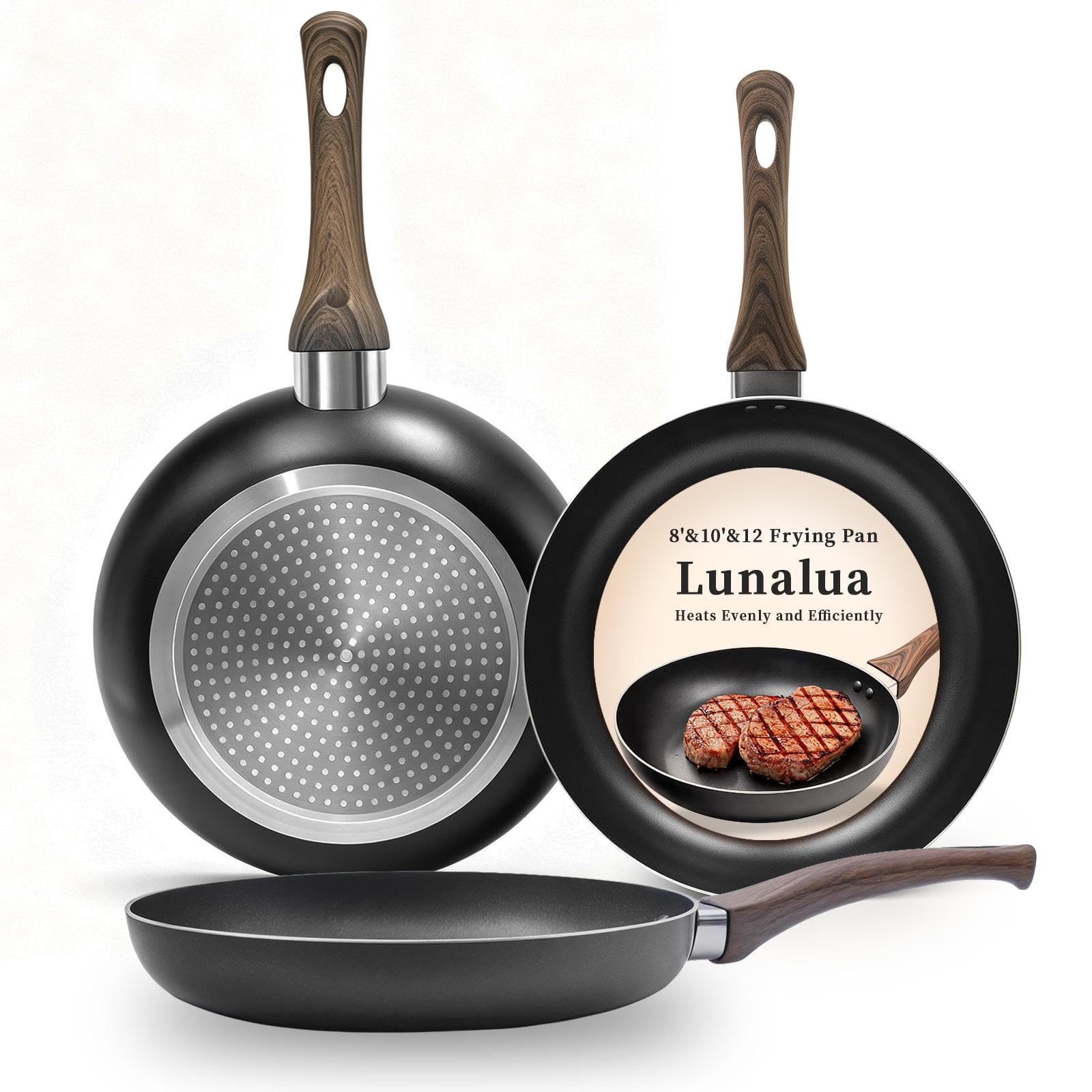 Lunalua Non Stick Frying Pans  3 Pieces Skillet Set Includes 3 Sizes (8/10/12), Silicone Heat Resistant Handles, PFOA PFAS F