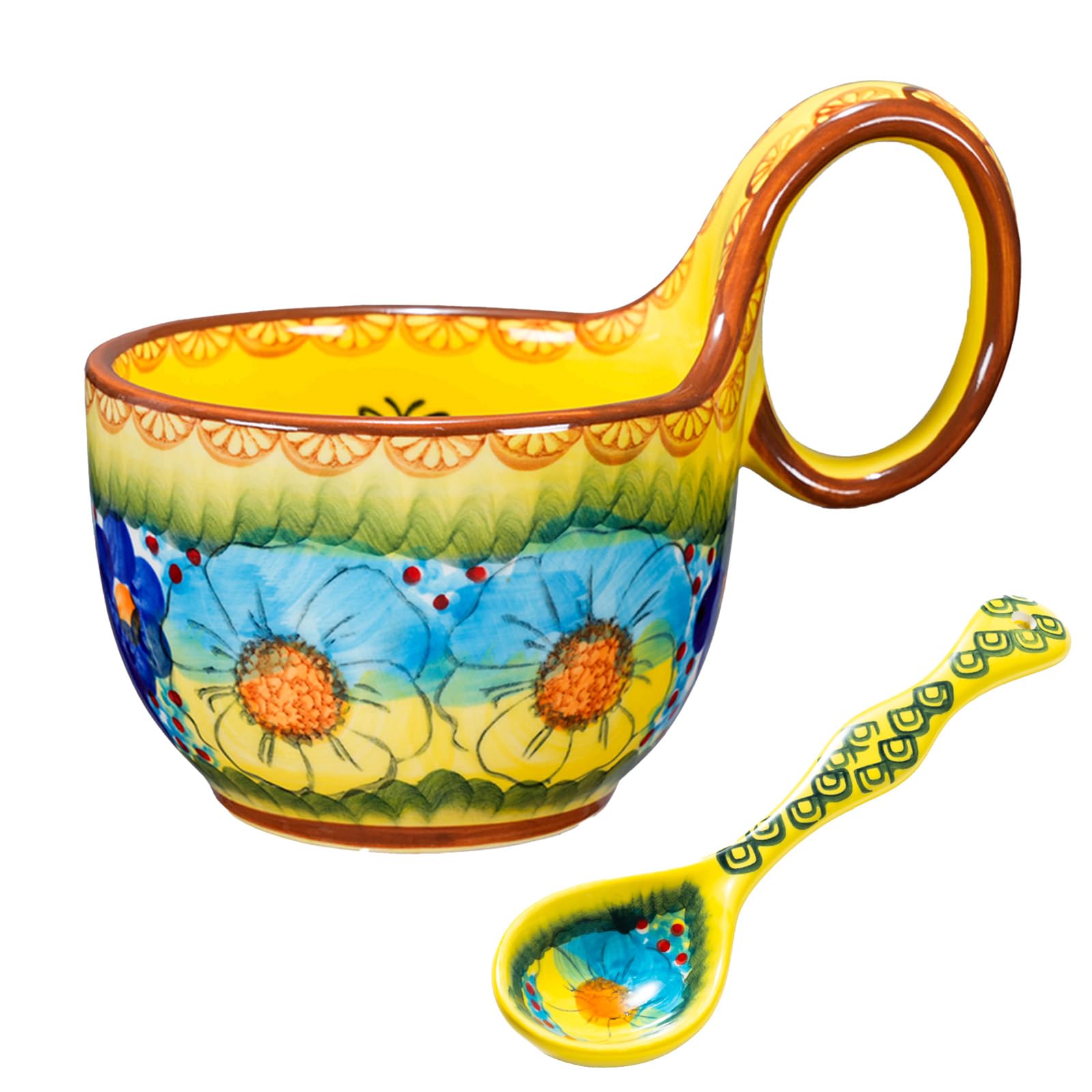 16 OZ Polish Style Ceramic Hand Painted Soup Mug Bowl, Glazed Yellow