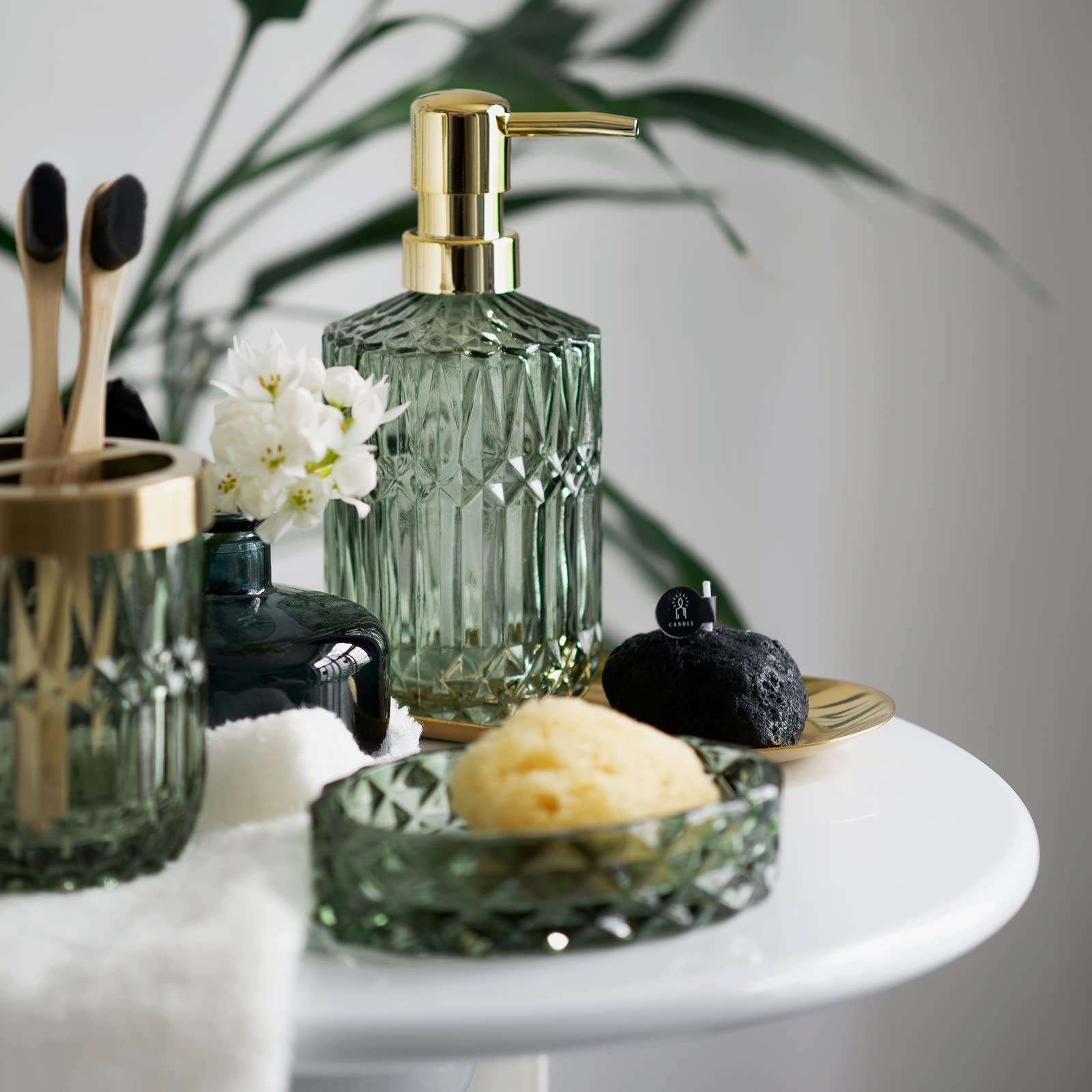 Empo 6Pcs Bathroom Clear Glass Accessories Set (Lotion Soap Dispenser, Soap Dish, Toothbrush Holder, Tumbler, Cotton Swab Jar),