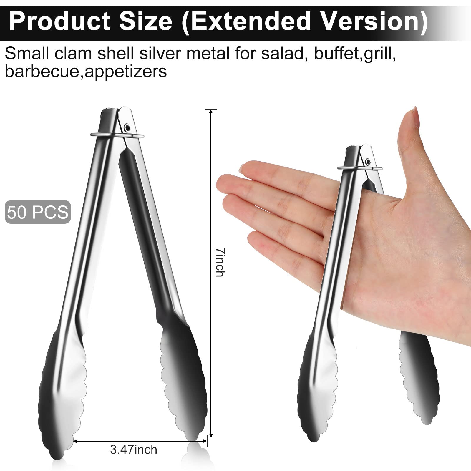 Seewey Set Of 50 Stainless Steel Serving Tongs 7 Inch Cooking Tongs With Sliding Rings Small Clam Shell Metal Tongs Non Slip Foo