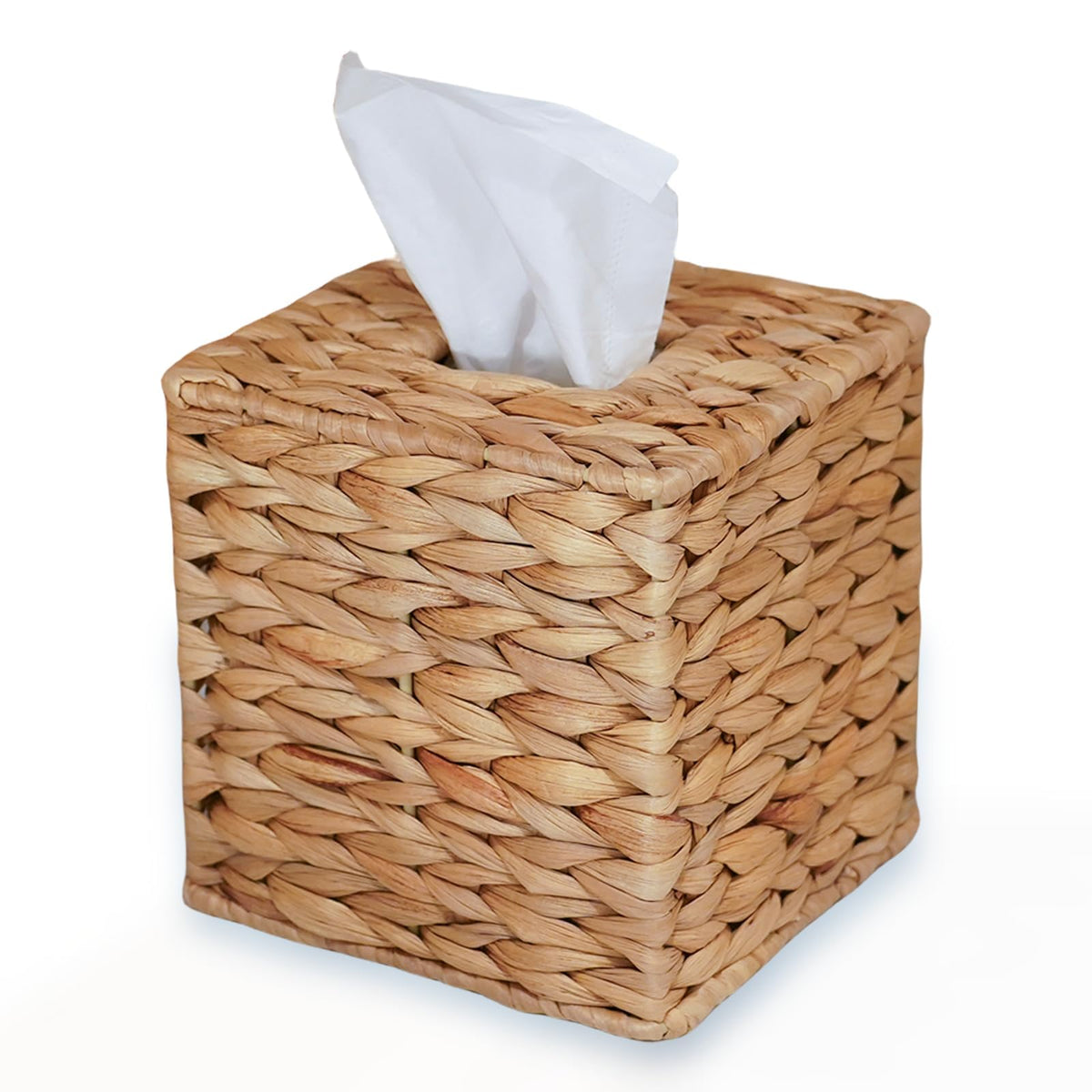 Pinxiury Water Hyacinth Handwoven Tissue Box Cover, Natural Handmade Wicker Napkin Box Holder, Handcrafted Square Facial Tissue,