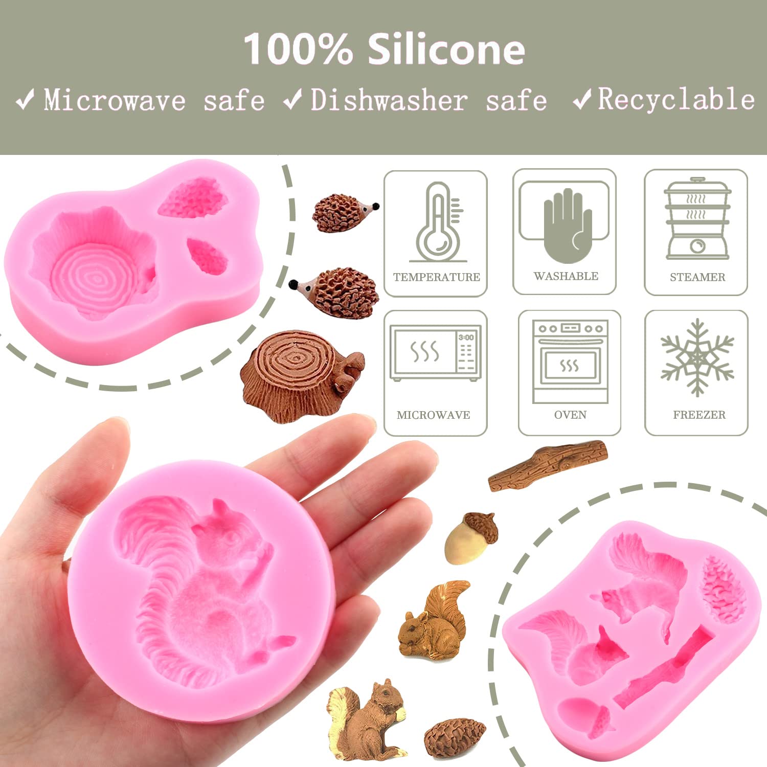 Zixiang Forest Animal Silicone Mold Squirrel Pine Cones Fondant Mold Hedgehog Stump Tree Trunk Candy Molds For Cake Decorating C