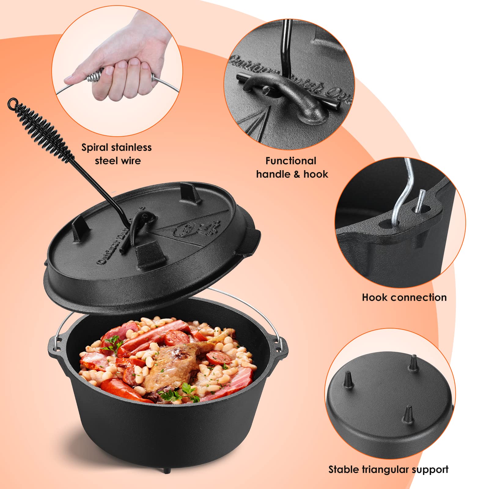 Liferun Dutch Oven Pot With Lid, 13.2 Quart Cast Iron Dutch Oven, With Lid Lifter Handle & Stand And Dual Function Lid Griddle F