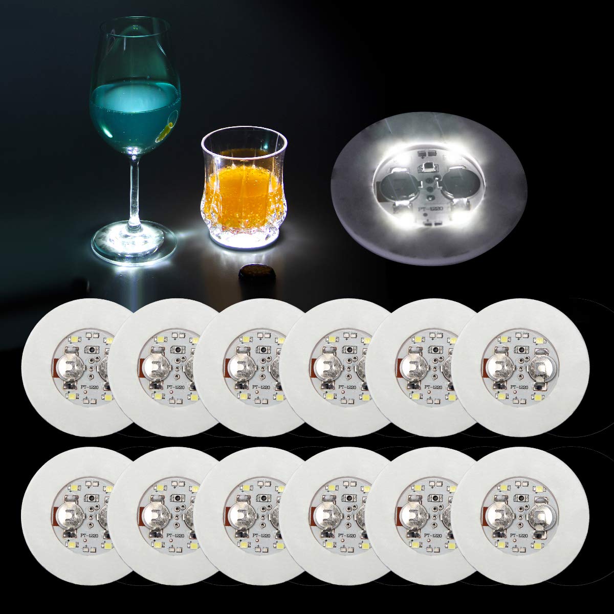 Ahier Led Coaster,12 Pcs Led Coasters For Drinks, Led Bar Coaster, Perfect For Party, Wedding, Bar(White)