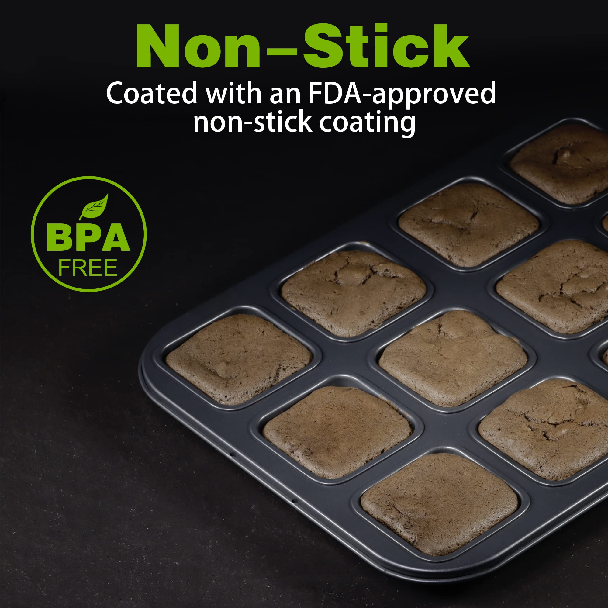 Tiawudi 2 Pack Brownie Pan, Non-Stick Baking Bread Pan, Heavy Duty Carbon Steel Mini Muffin Pan, 12-Cavity Loaf Pan