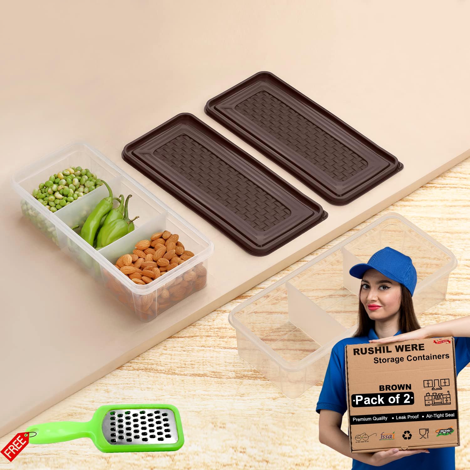 Rushil Were 3 Partition Fridge Container Boxes Organizer | Free Grater | Plastic Storage Box For Kitchen | Microwave Safe | Dura
