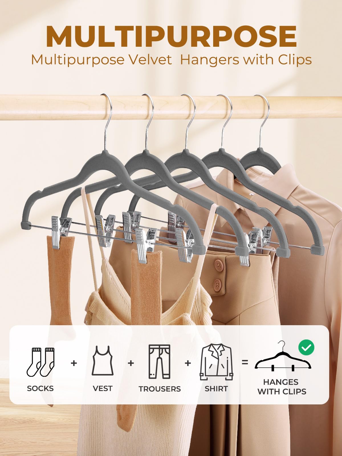 House Day Velvet Skirt Hangers 24 Pack, Gray Velvet Hangers With Adjustable Clips, Space Saving Slim Velvet Pant Hangers, Heavy