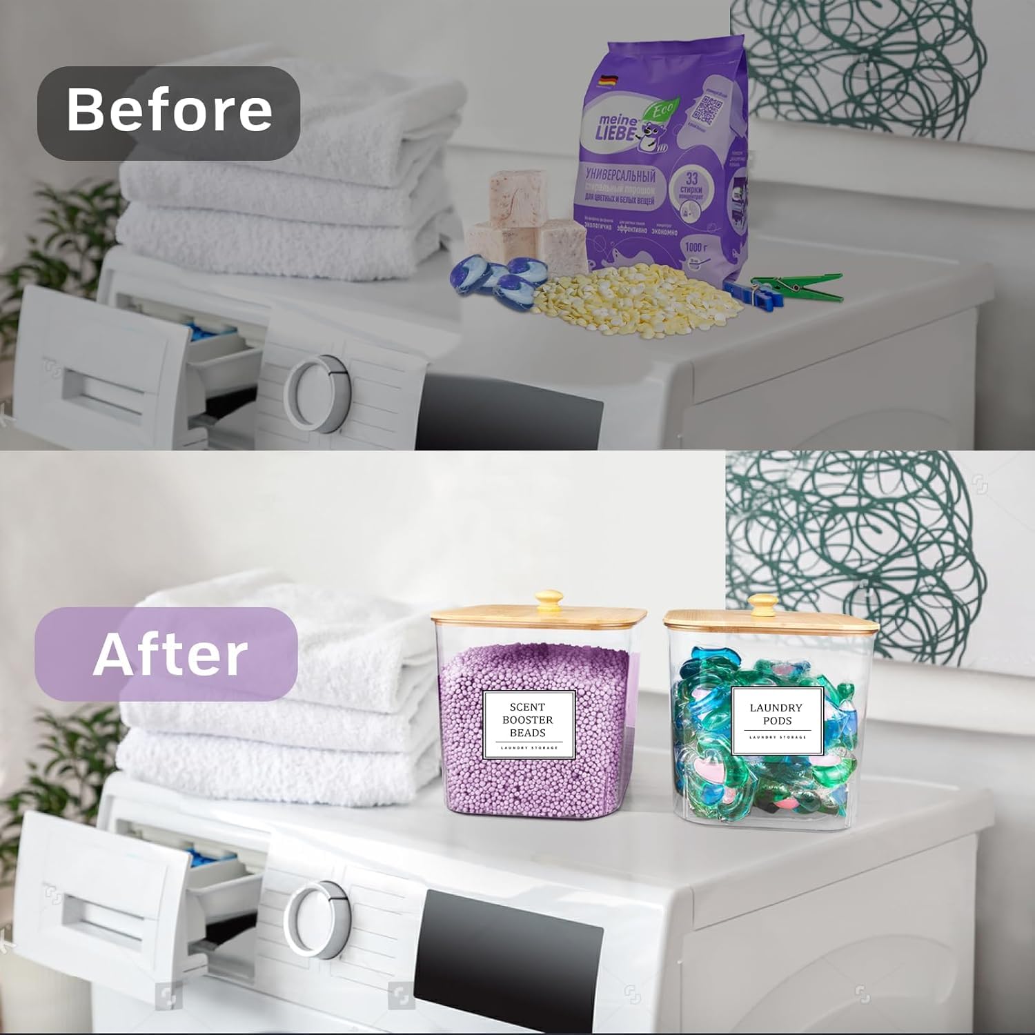 2+1 Pack Laundry Pods Container,Clear Laundry Detergent Powder Storage Containers,Laundry Room Organization Containers With Wood