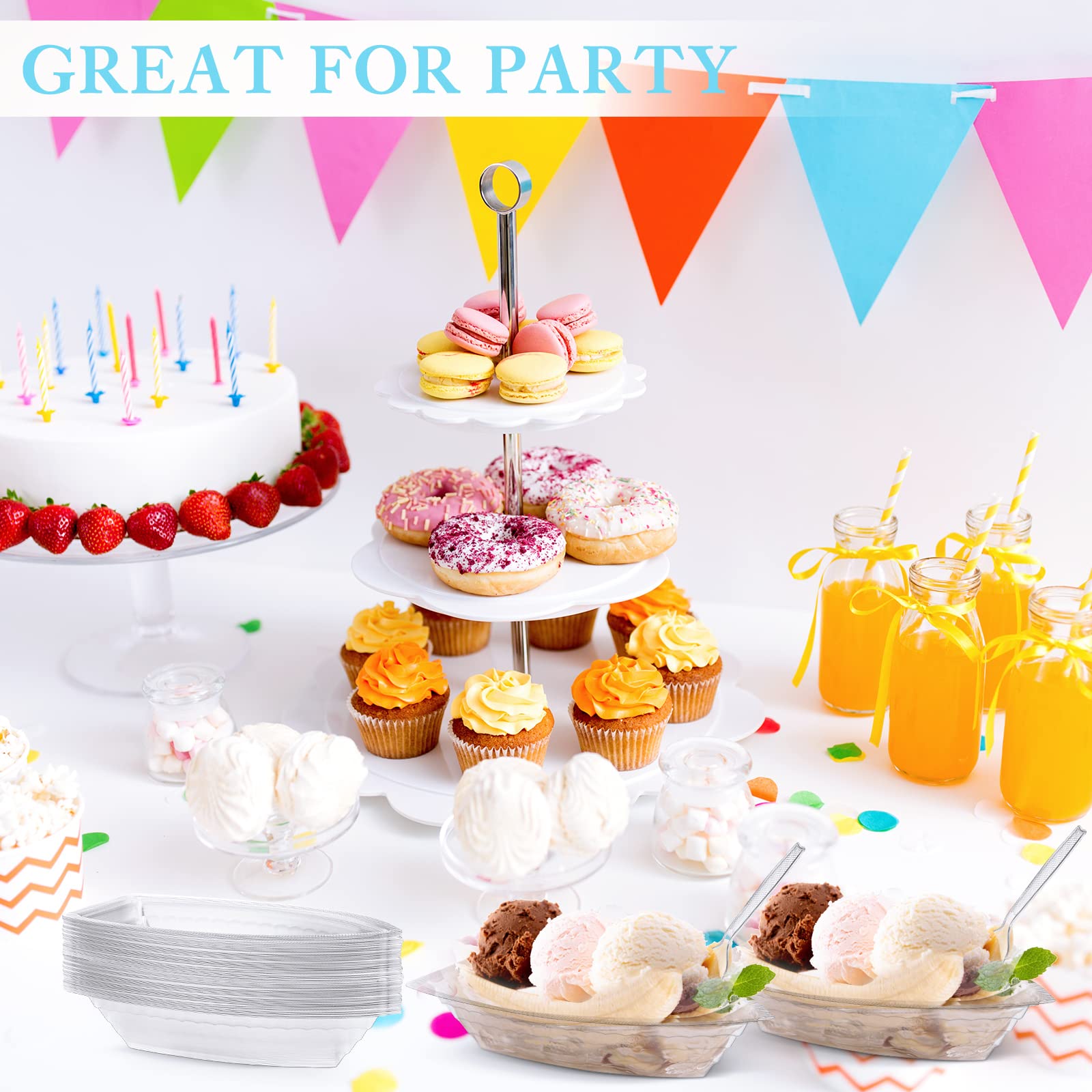 Sieral 32 Pcs 8 Oz Disposable Banana Split Boats With Spoons, Clear Plastic Ice Cream Sundae Bowls Banana Split Ice Cream Dishes