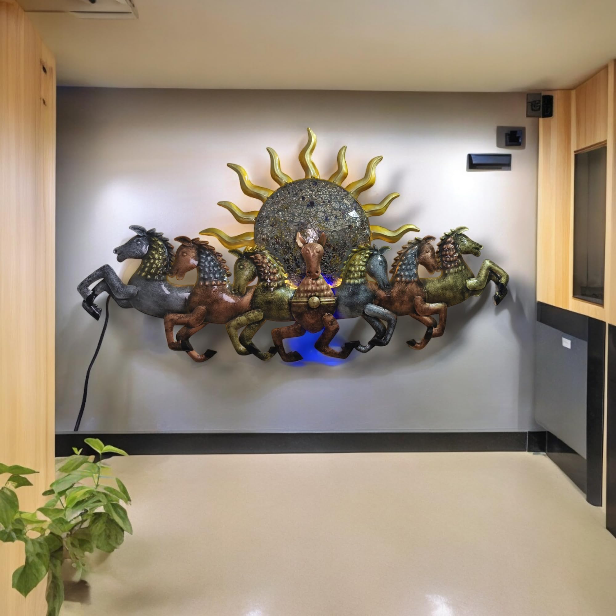 Metal Sun with Seven Running Horses Wall Decorative Showpiece with LED Lights Horses for Vatu Good Luck Home Wall Hanging Wall D