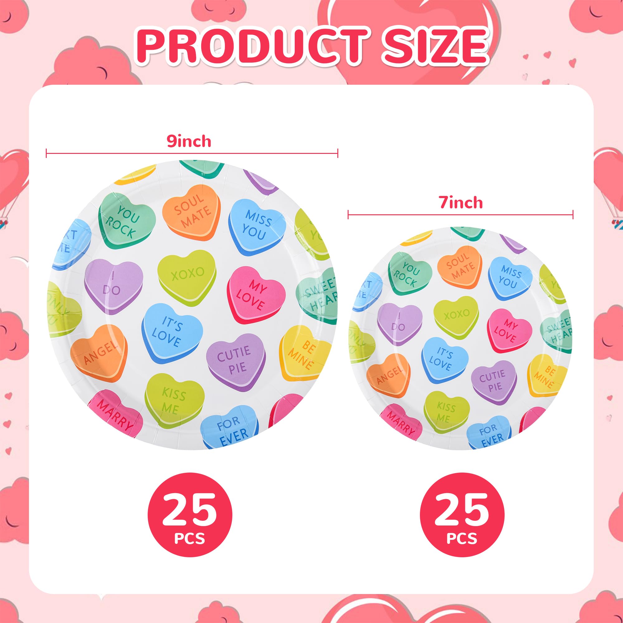 Allreal 50Pcs Valentine'S Day Paper Plates Conversation Heart Party Plates Red Colorful Decorative Hearts Disposable Round Dinne