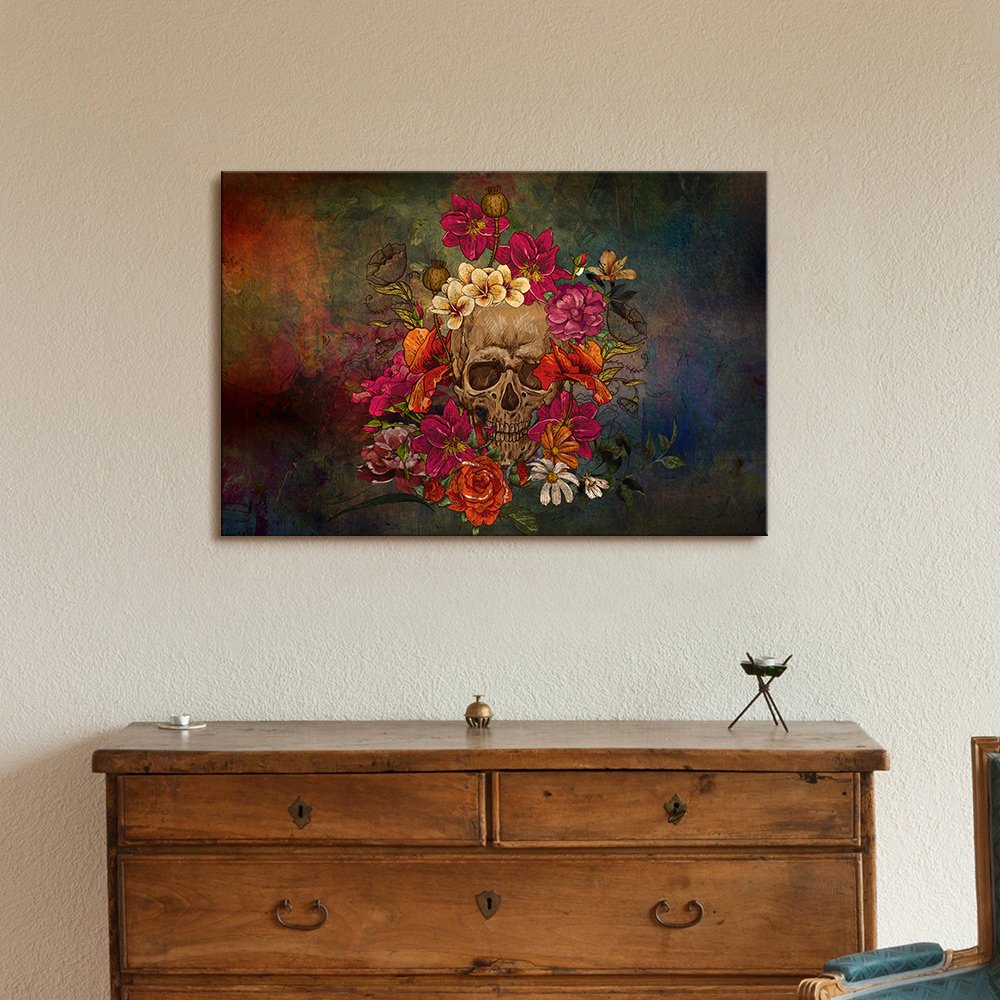 Wall26 - Canvas Print Wall Art - Day Of The Dead (Dia De Los Muertos) Themed Skull With Flowers - Gallery Wrap Modern Home Art |