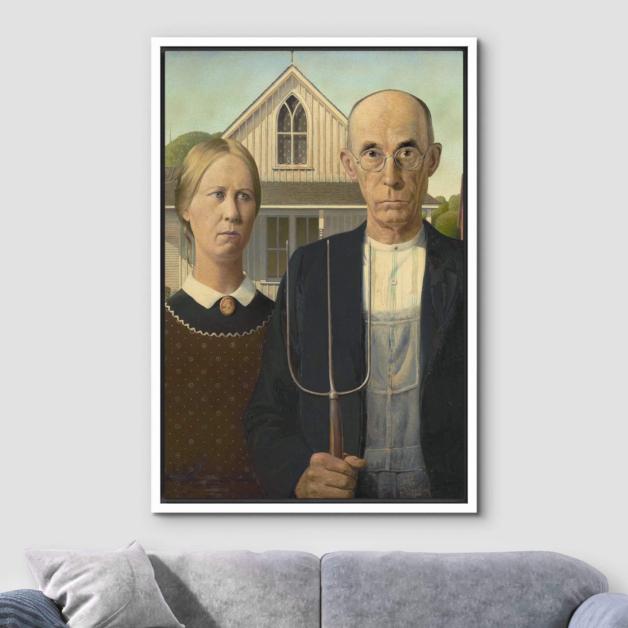 Wall26 American Gothic By Grant Wood Giclee Framed Canvas Prints Wrapped Gallery Wall Art | Stretched And Framed Ready To Hang -