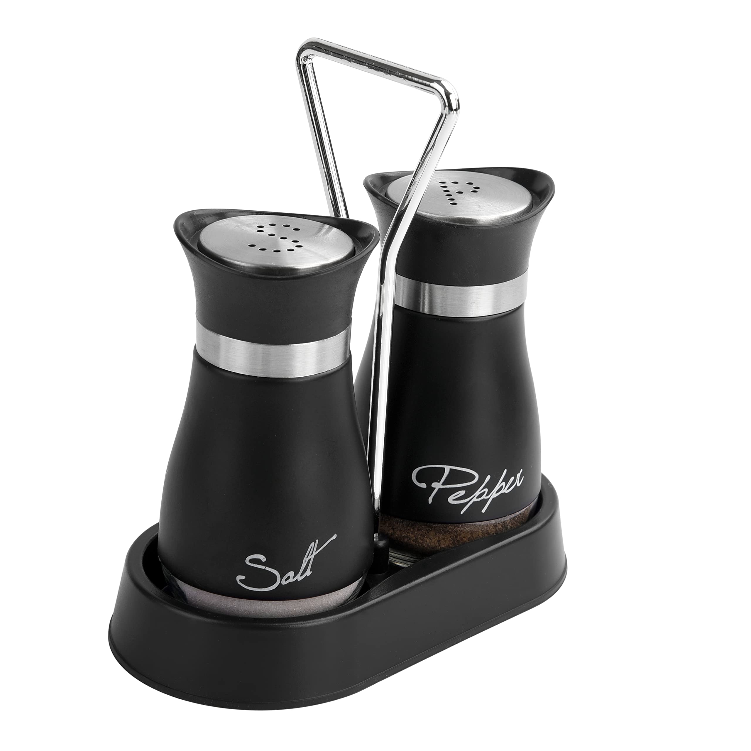 Wartter 2 PCS - Stainless Steel and Glass Salt and Pepper Shaker Sets with Holder (BLACK)