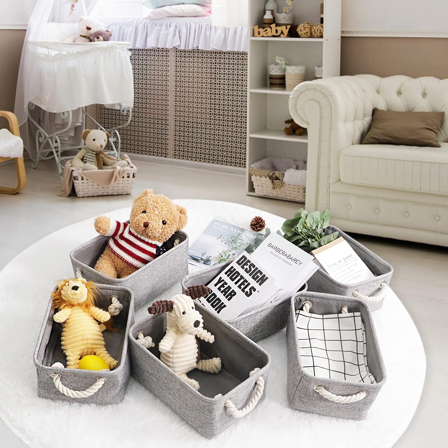 HNZIGE Small Baskets for Shelves(6pack) Fabric Storage Baskets  Empty Gift Baskets with Rope Handles  Decorative Foldable Storage Baskets for Organizing Home Closet Office (Gray  11.8 '' x 7.8 '' x 5.1 '')