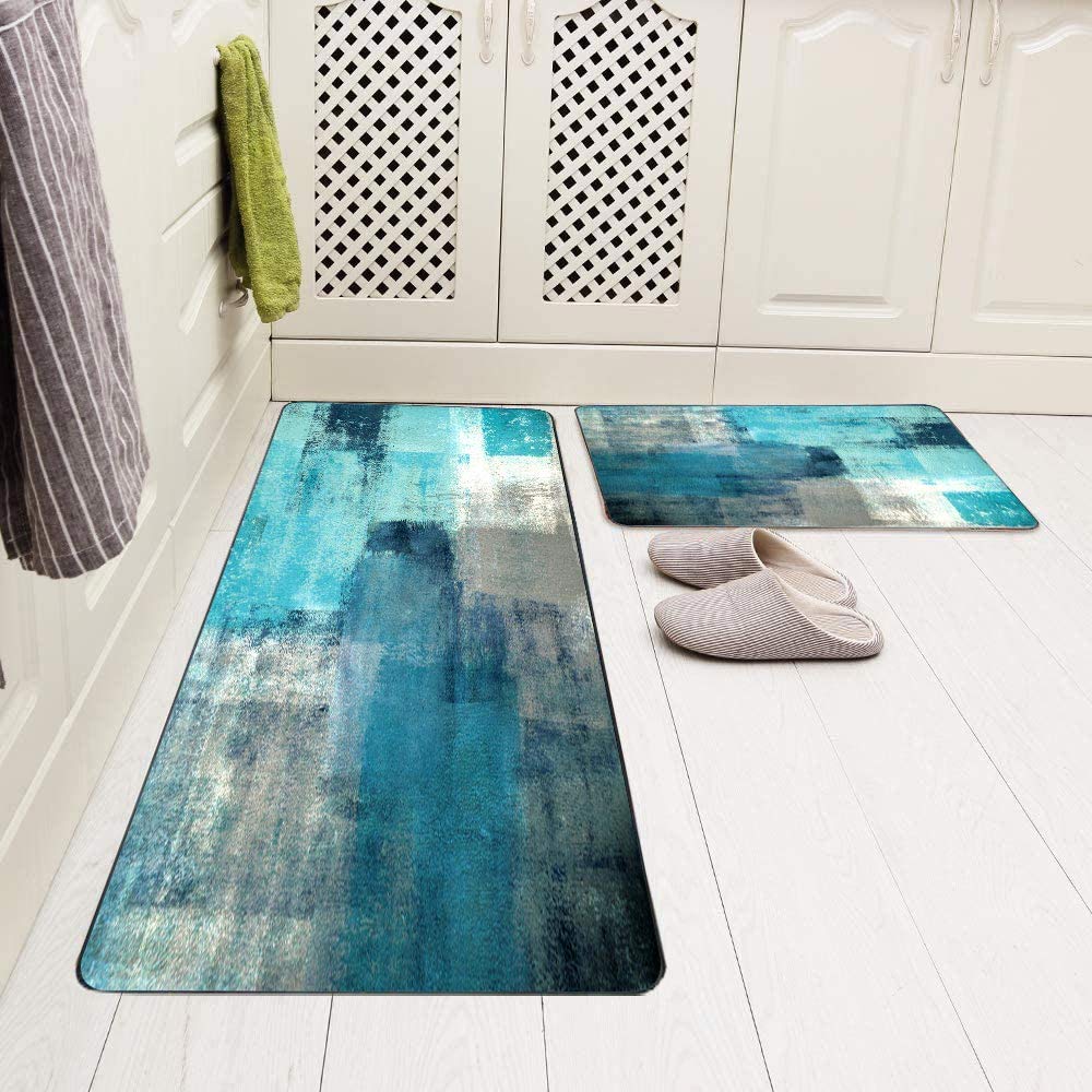 Tomwish Turquoise Kitchen Rug Kitchen Mats Turquoise And Grey Abstract Art Painting 18''X48''+18''X30'' Washable Non-Slip Kitche