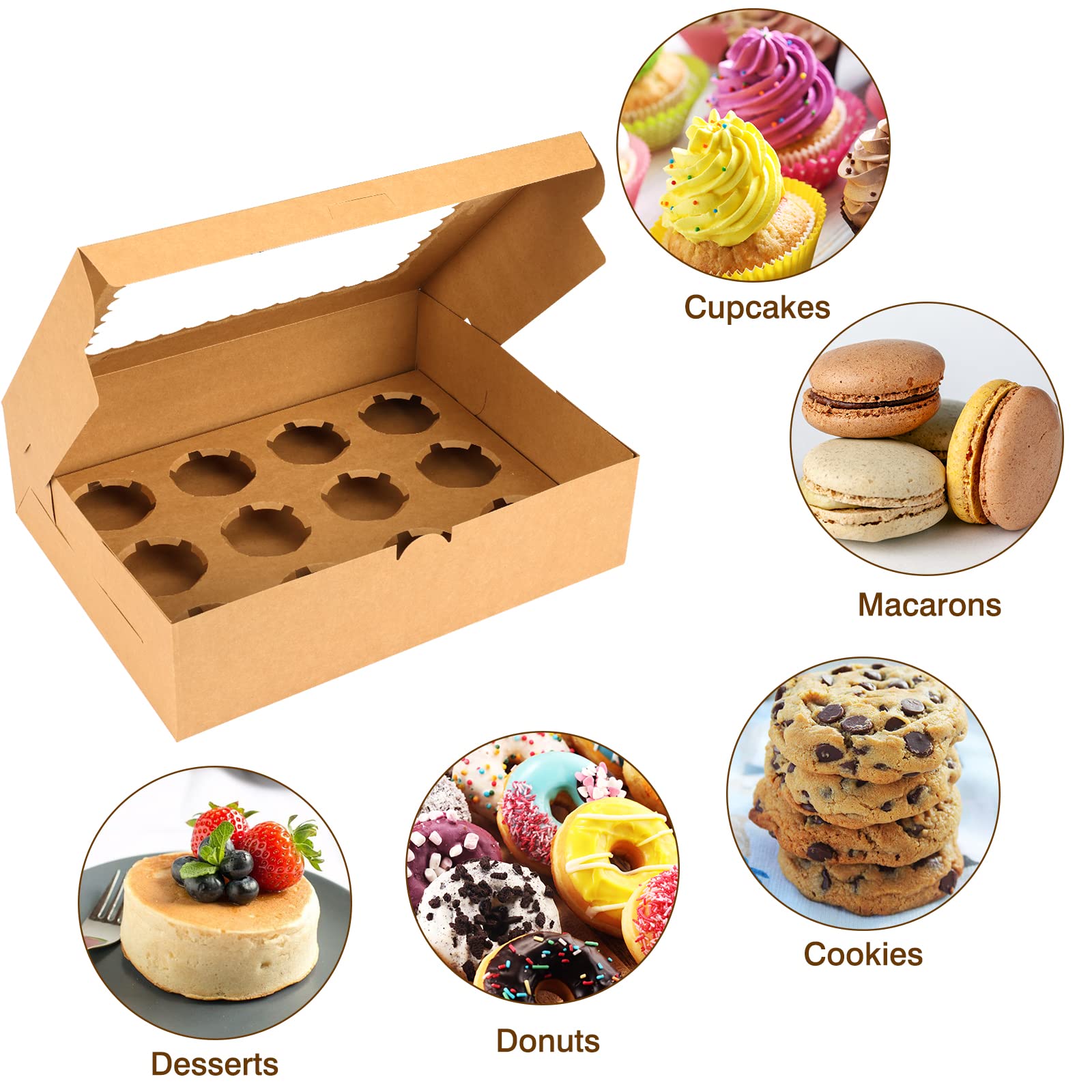 Moretoes Cupcake Boxes - 34 Pcs Brown Kraft Bakery Carrier with Windows for Cupcakes, Muffins & Pastries, Model Moretoes2022062402