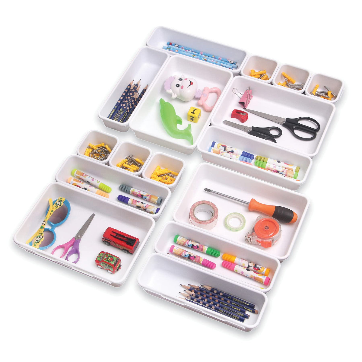 Set of 16 Interlocking Desk Drawer Organizer Tray Dividers Plastic Shallow Narrow Drawers Organizers Separators Storage Bins Con