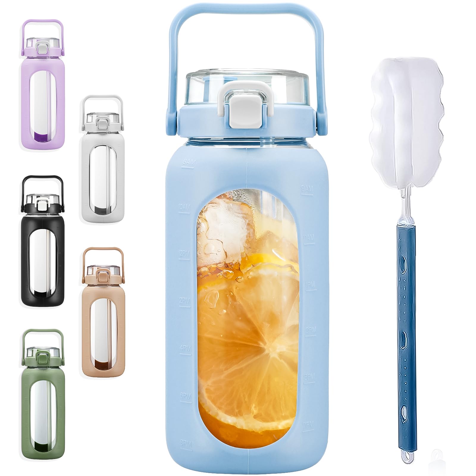 BLUEGO 64 oz Glass Water Bottles with Straw Time Marker Half Gallon Large Motivational Water Bottle with Silicone Sleeve 2 Liter Large Glass Water Jug for Gym  Sports& Workout  Light Blue