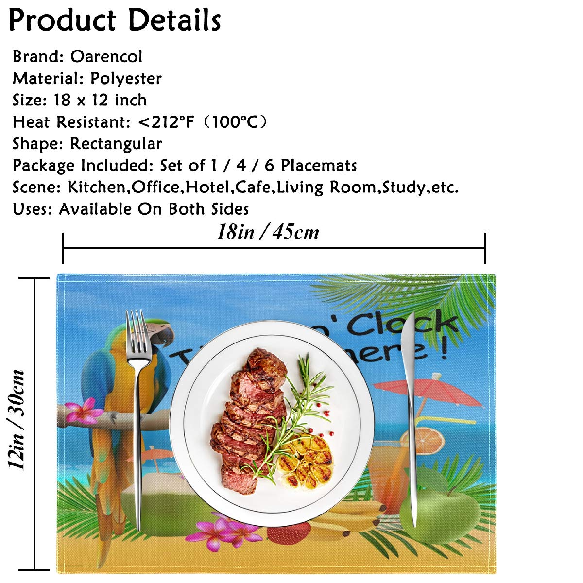 Oarencol It 'S 5 O 'Clock Somewhere Placemat Table Mats Set Of 4, Summer Parrot Pineapple Bird Tropical Fruit Banana Heat-Resist