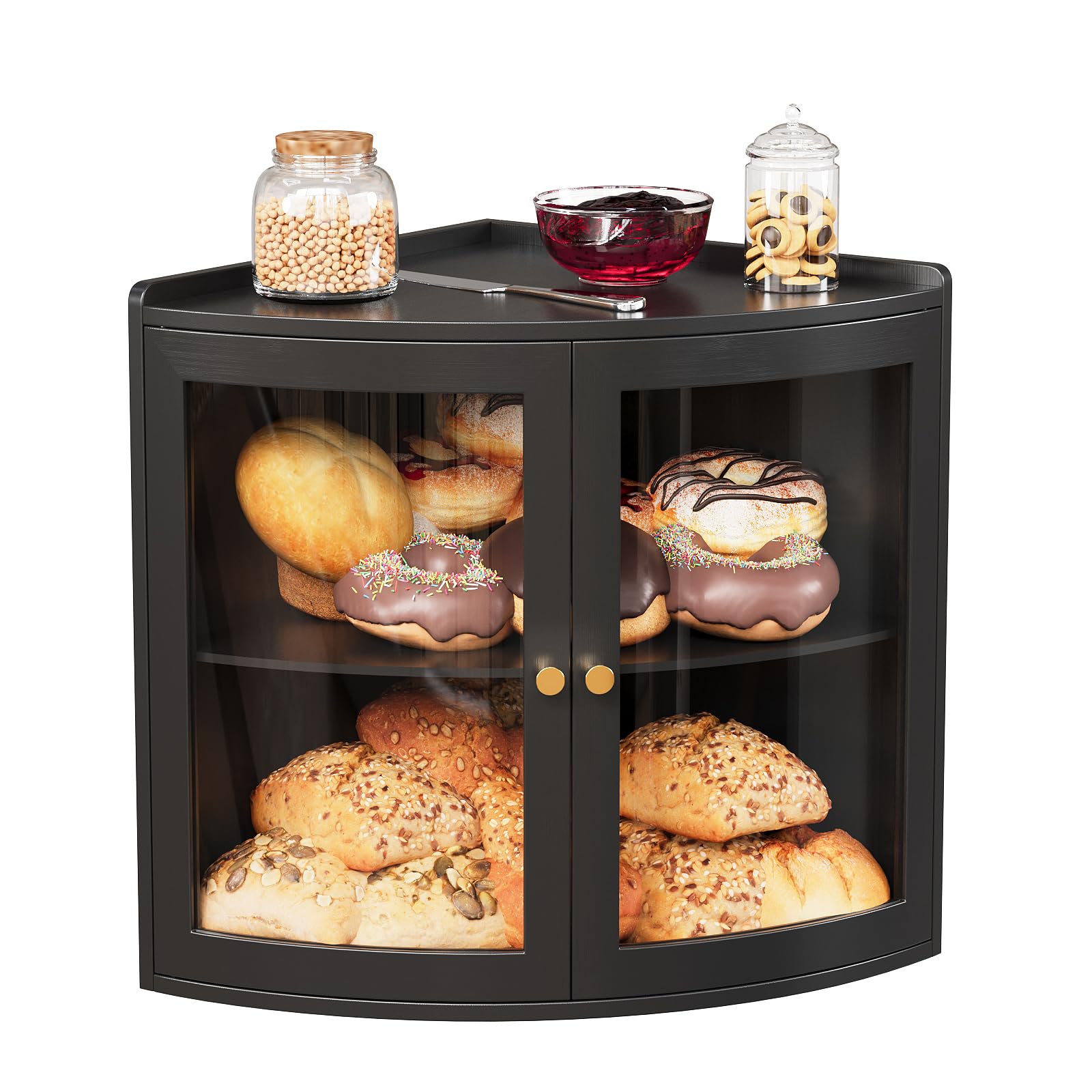Trironsun Fan Shape Corner Bread Box for Kitchen Counter Double Layer Large Bread Storage Container with Acrylic Doors Farmhouse