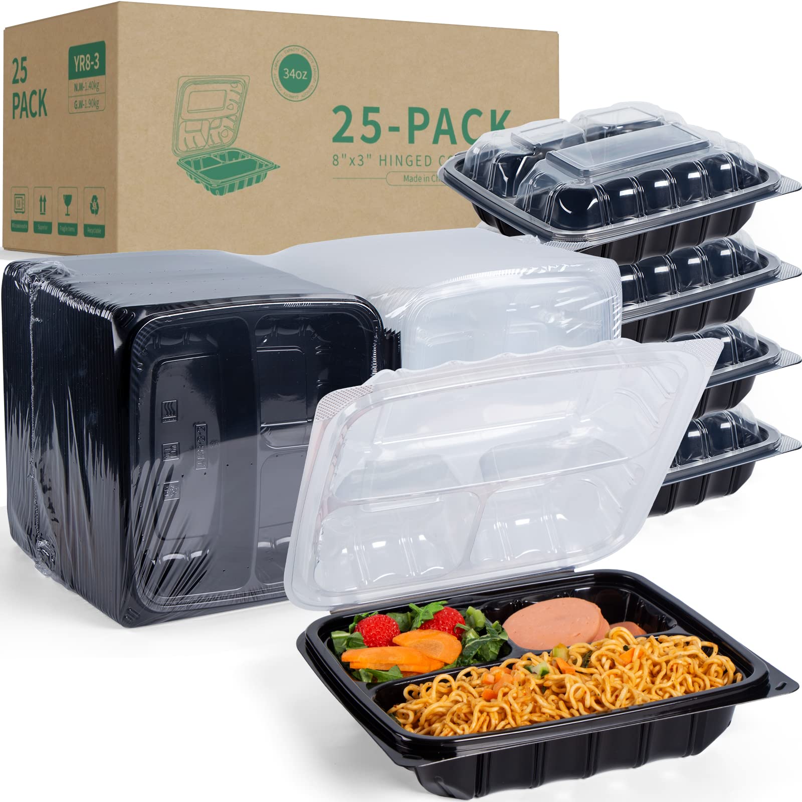 YANGRUI To Go Containers, Reusable Anti-Fog Leak Proof Shrink Wrap 25 Pack 34 oz 8 Inch 3 Compartment Clamshell Take Out Contain