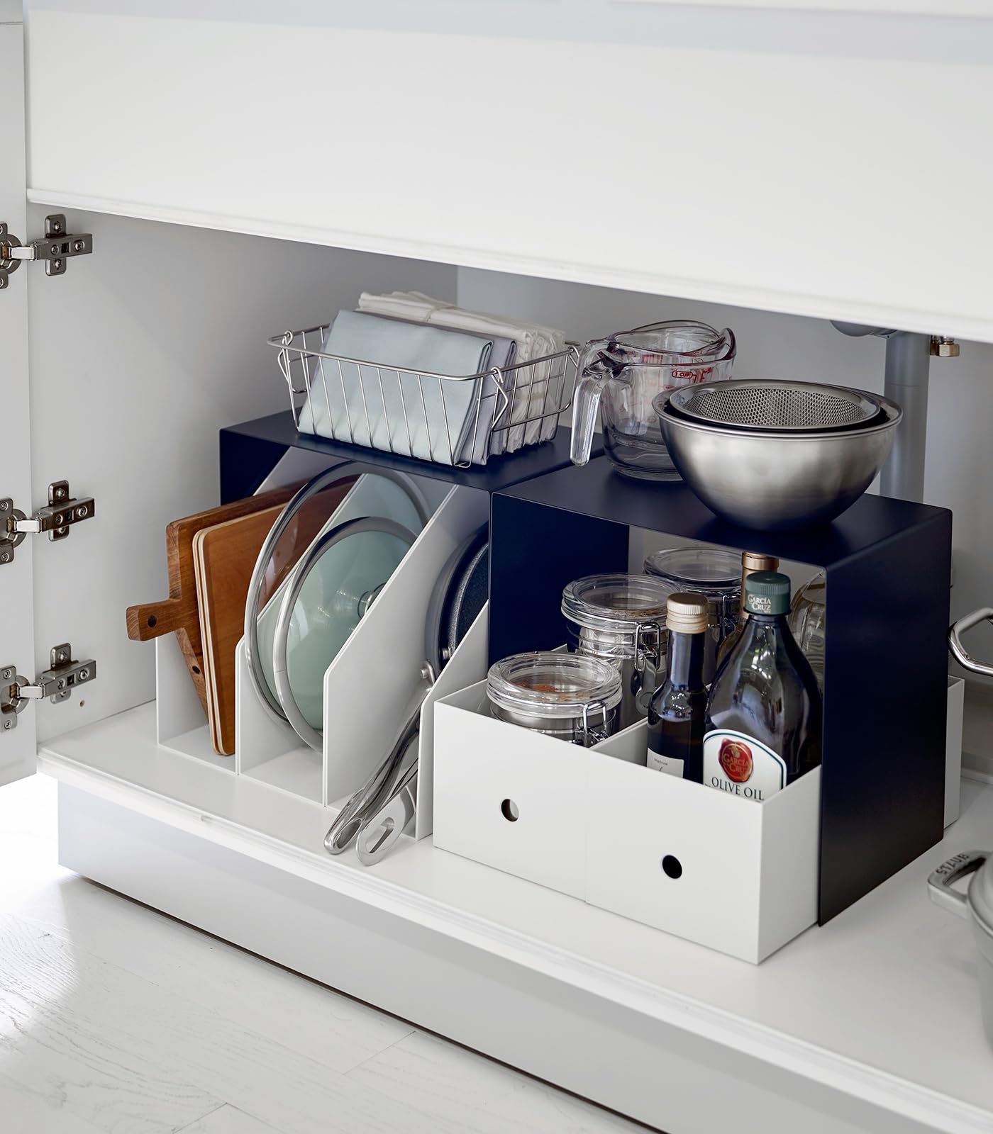 Yamazaki Home Cabinet Storage Organizer | Set Of 2 | Kitchen Pantry | Steel | Riser, One Size, Black