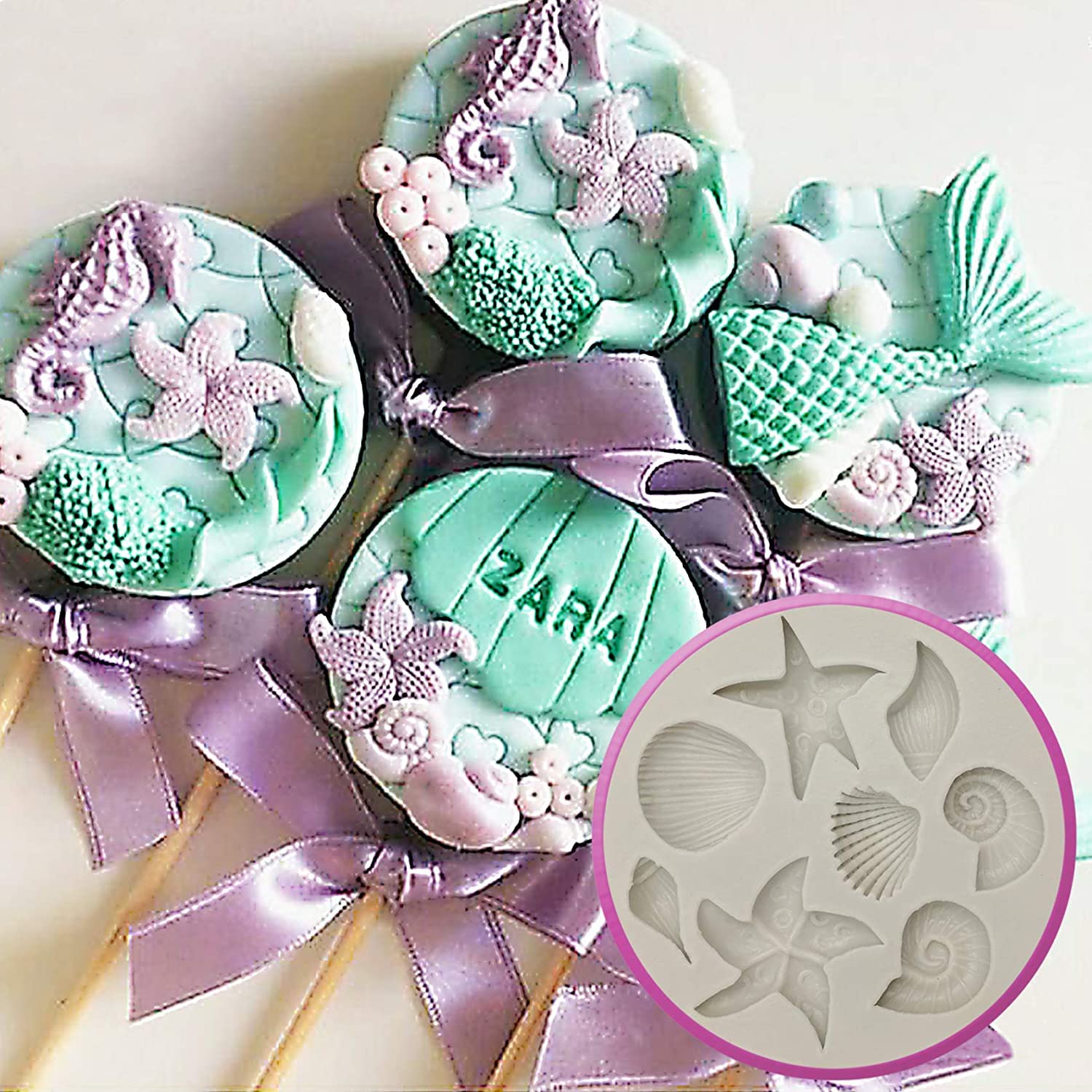 Marine Theme Cake Fondant Silicone Mold,Seashell, Conch, Starfish, Fish,Under The Sea Style Handmade Pastry Baking Molds For Coo