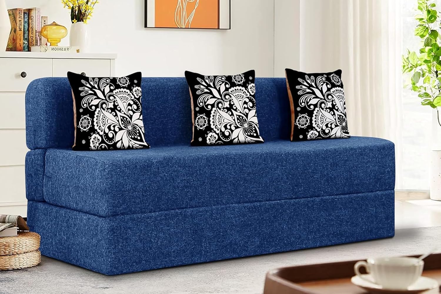 Rosebell 3 Seater Sofa Cum Bed | Jute Fabric Washable Cover | With Cushions Perfect For Home & Office, Guest Room | Blue Color |