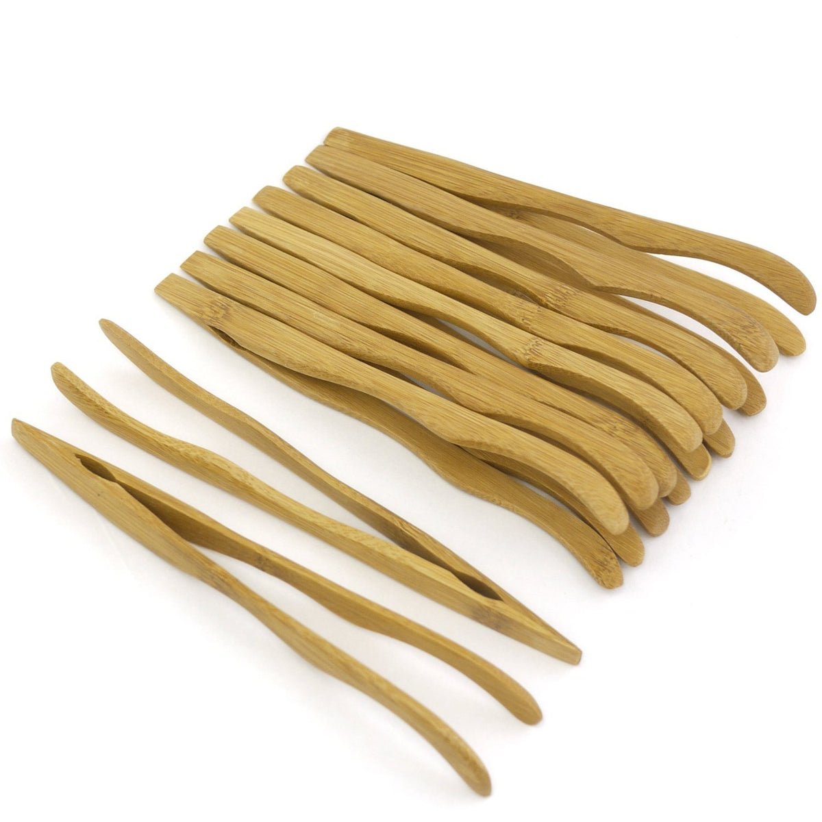 Bamboomn 7'' Reusable Bamboo Toast Tongs, Curved Arms, Carbonized Brown - 10 Pieces