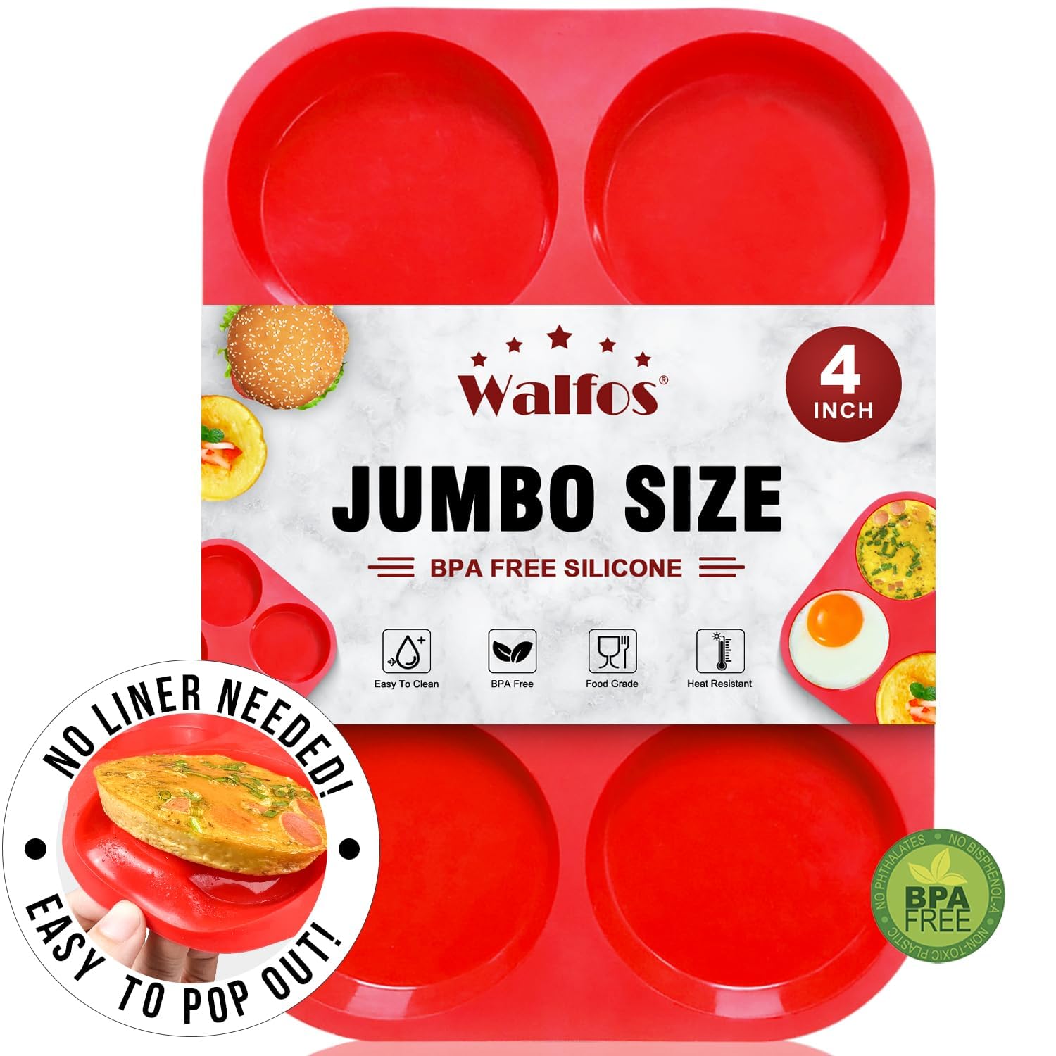 Walfos Silicone Muffin Top Pans For Baking 4Inch Jumbo Size, Perfect Results Premium Non-Stick Bakeware Egg Baking Pan, Great Fo
