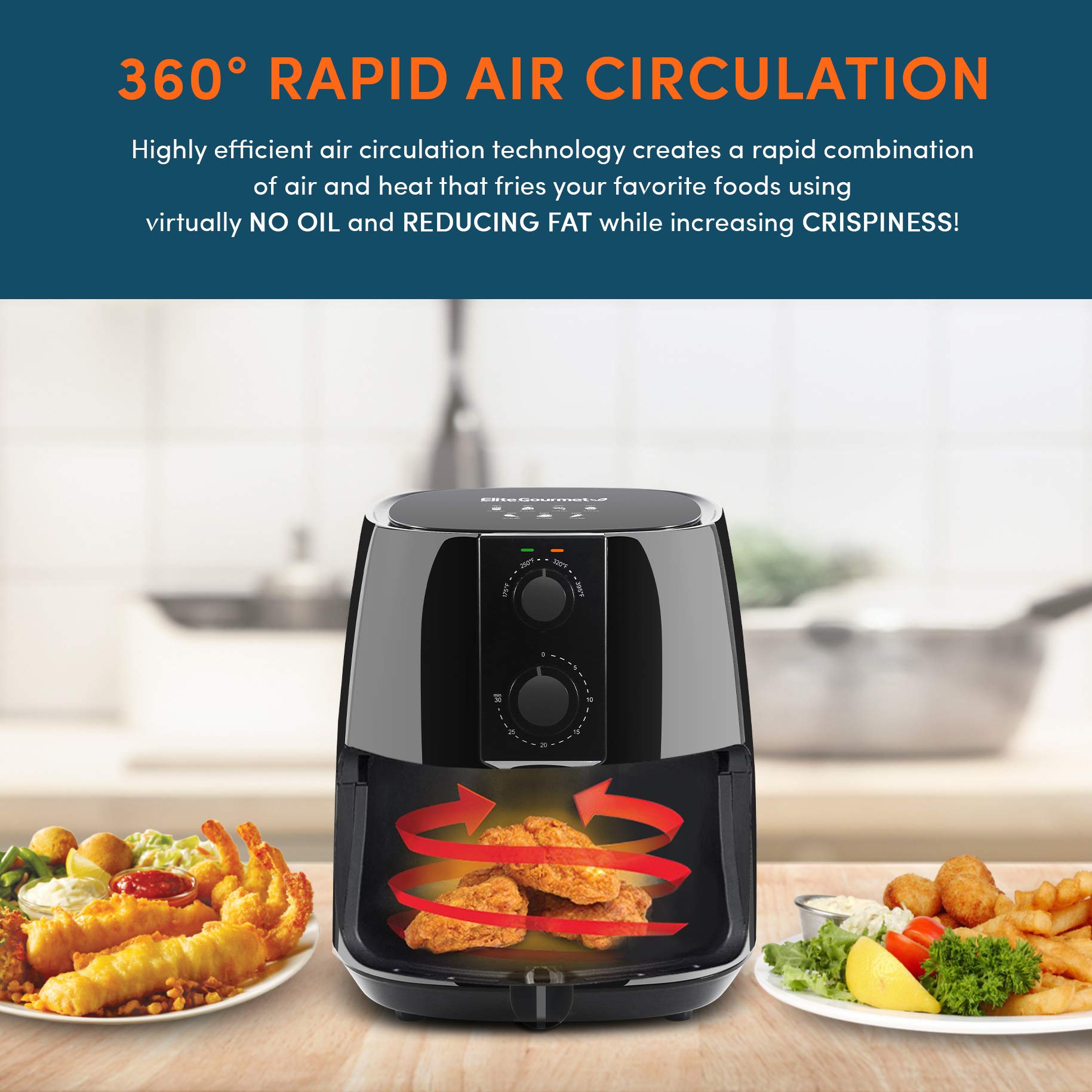 Elite Gourmet Electric Digital Hot Air Fryer, 1350W, Oil-Less, 4 Quart, Black, Model EAF4617
