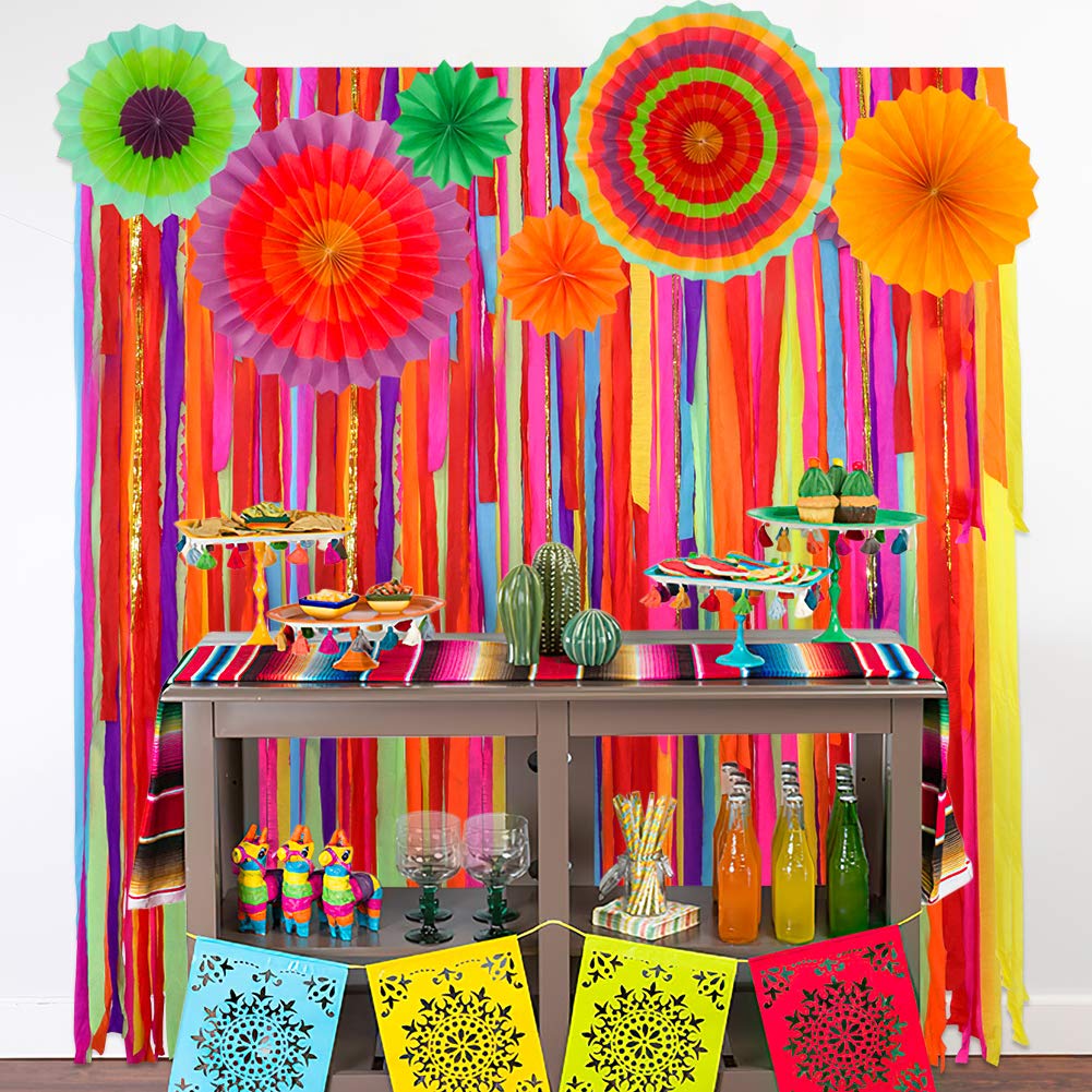 Mexican Fiesta Theme Party Backdrop with Fiesta Paper Fans  Mexican Fiesta Cinco De Mayo Party Decorations Streamer Backdrop for Taco Party Wedding Bridal Baby Shower Birthday Supplies