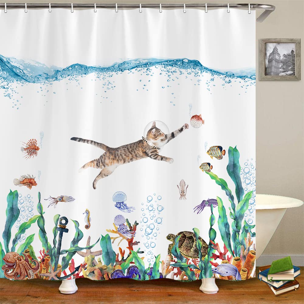Funny Cat Fabric Shower Curtain For Bathroom, Ocean Animal Octopus Starfish Turtle Nautical Anchor Fish Shower Curtain Cute Fun