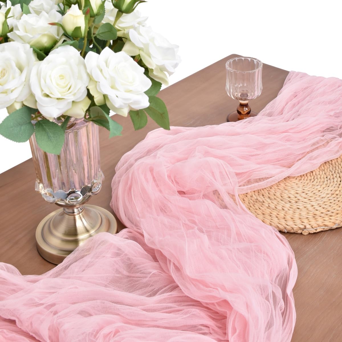 Joanlody Blushing Pink Cheesecloth Table Runner Fall Thanksgiving 10Ft Rustic Gauze Boho Cheese Cloth Table Runner for Wedding B