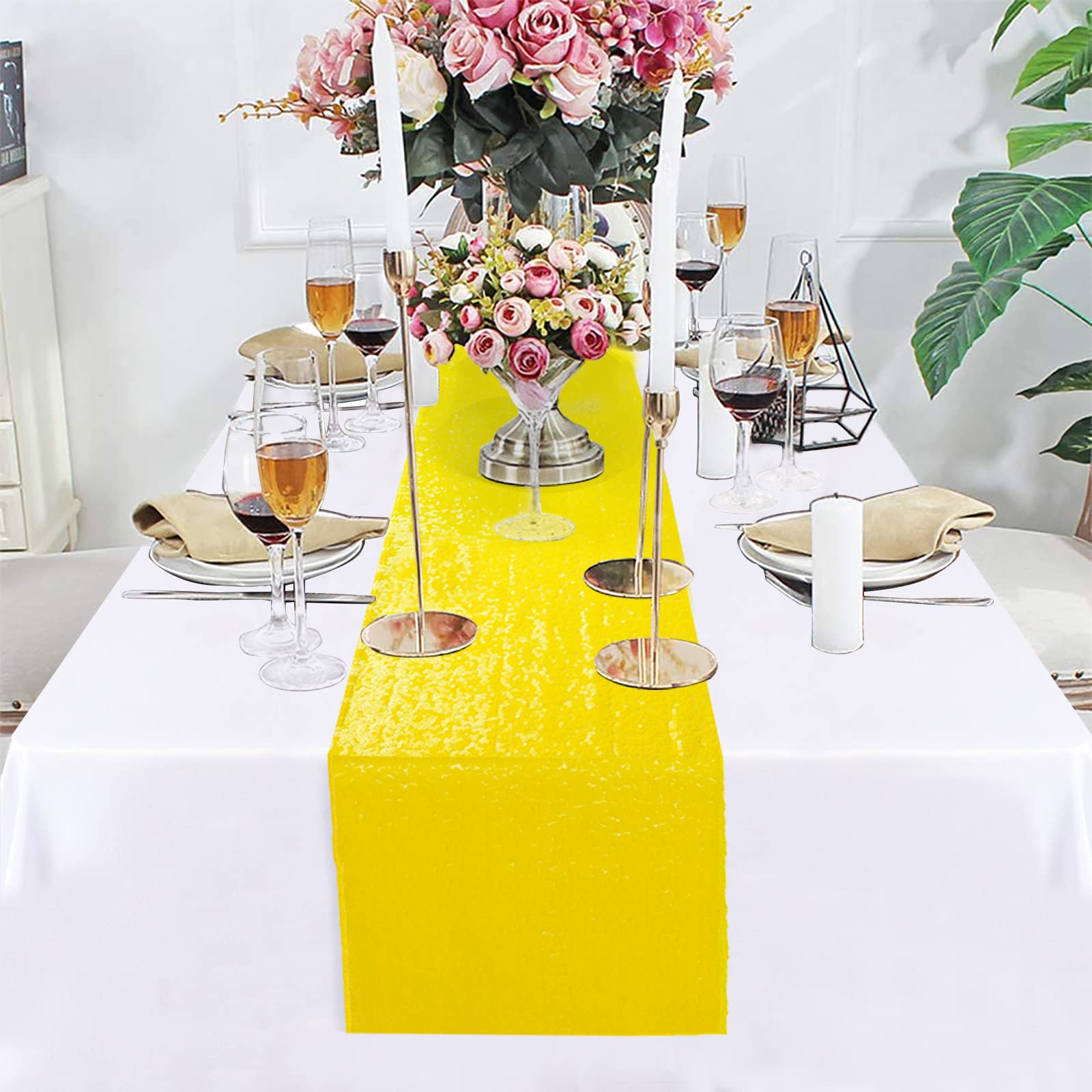 Duobao Yellow Sequin Table Runner 12X72 Inches Pack Of 5 Wedding Runners Sequence Table-Runner Linen Table Cover Overlay Glitter