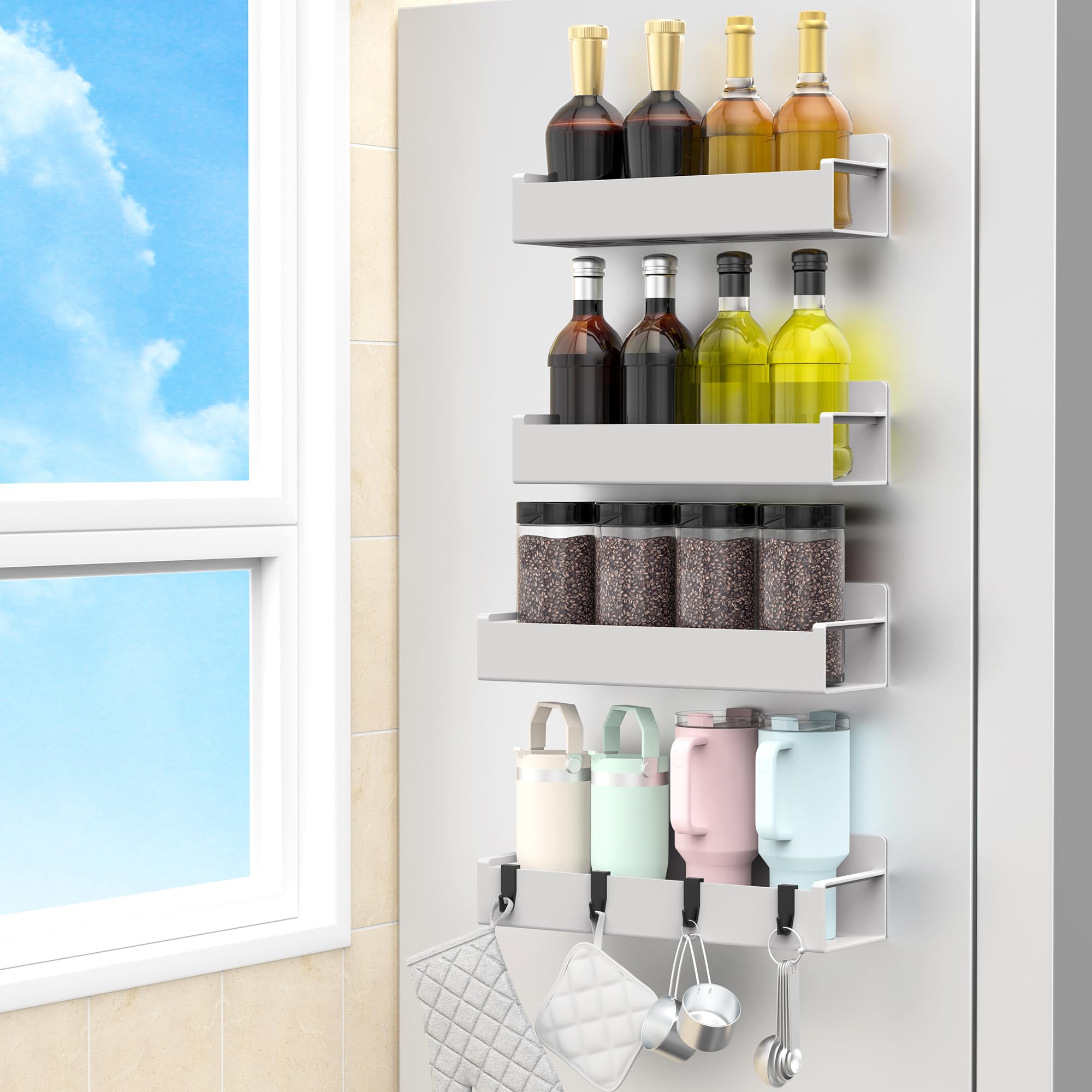 HuggieGems 4 Pack Magnetic Spice Rack Organizer for Refrigerator and Oven, Light Grey Fridge Organizers and Storage for Kitchen
