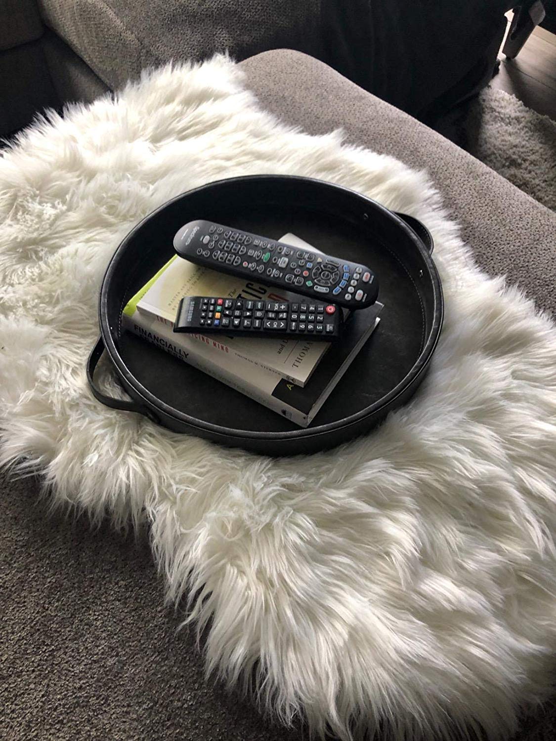 Hofferruffer Top Nocth Pu Leather Round Serving Tray, Decorative Serving Tray With Handles, Coffee Tray, Ottoman Tray For Home O