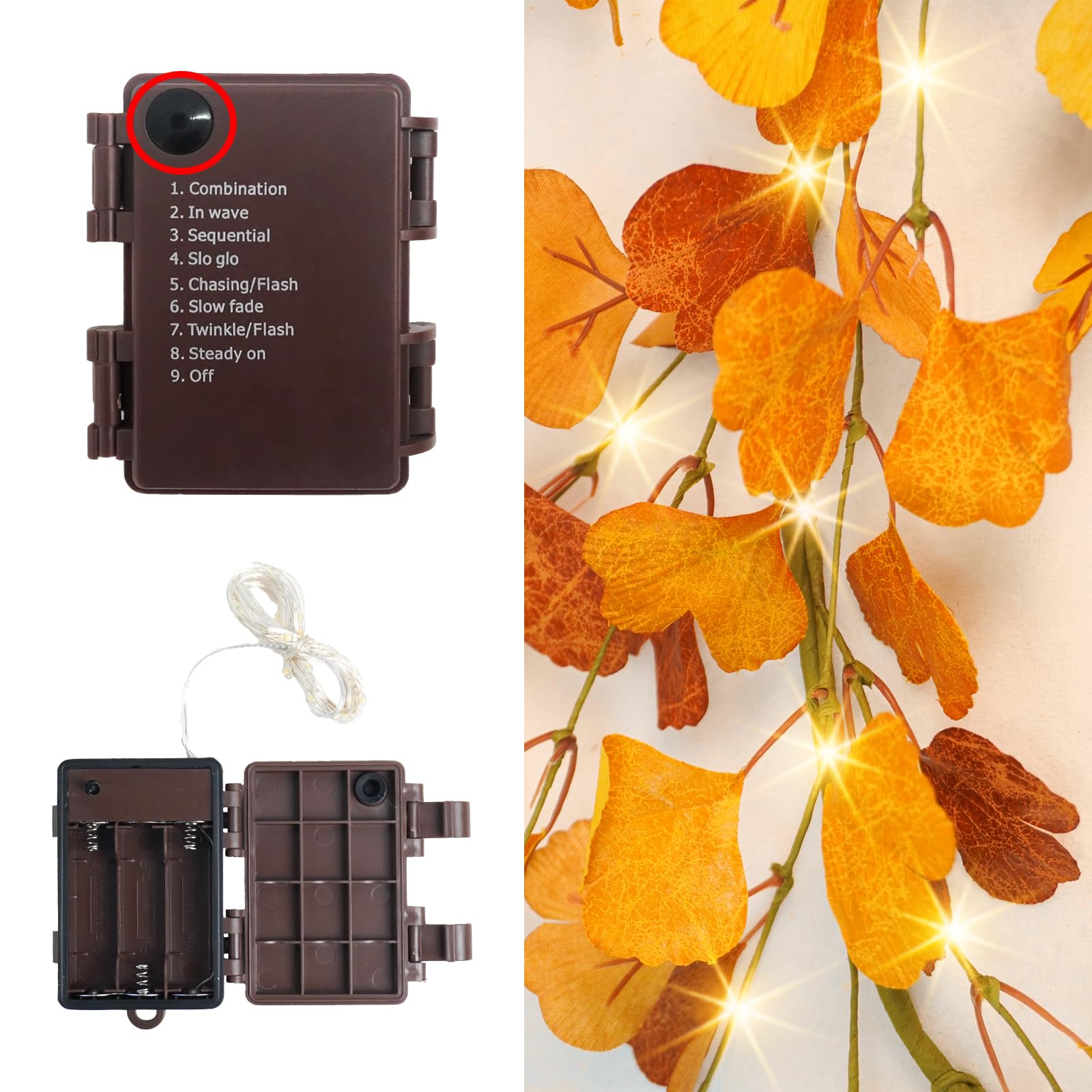 Ruidazon 6FT Fall Garland with Lights, Battery Operated Lighted Fall Leaves Garland Autumn Ginkgo Leaf Lights for Indoor Outdoor