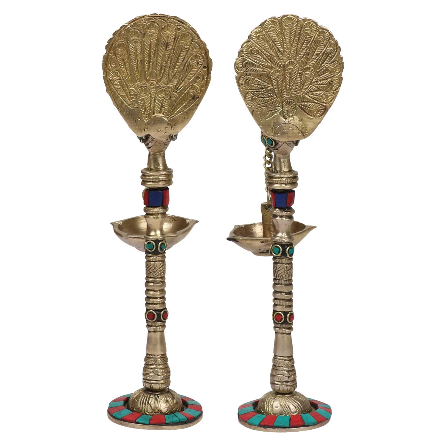 Kartique Brass Diya Stand (6.4 x 6.4 x 23.5 cm, Multicolour), Standard (MNPEACOCKDIYA1000GM)